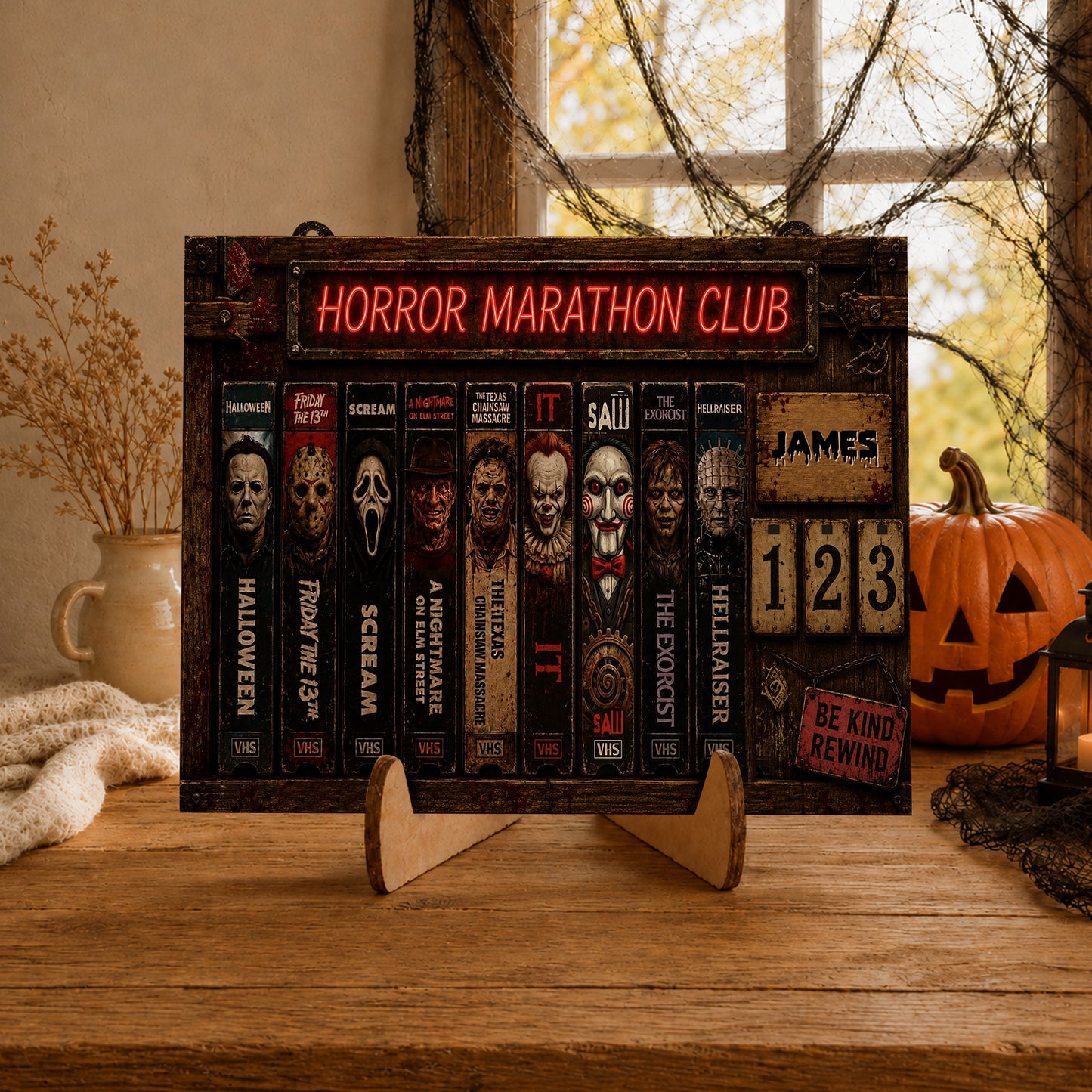 Personalized Horror Movie Tracker Sign, Horror Marathon Club Board, Spooky Wooden Countdown Decor, Gift for Horror Fans