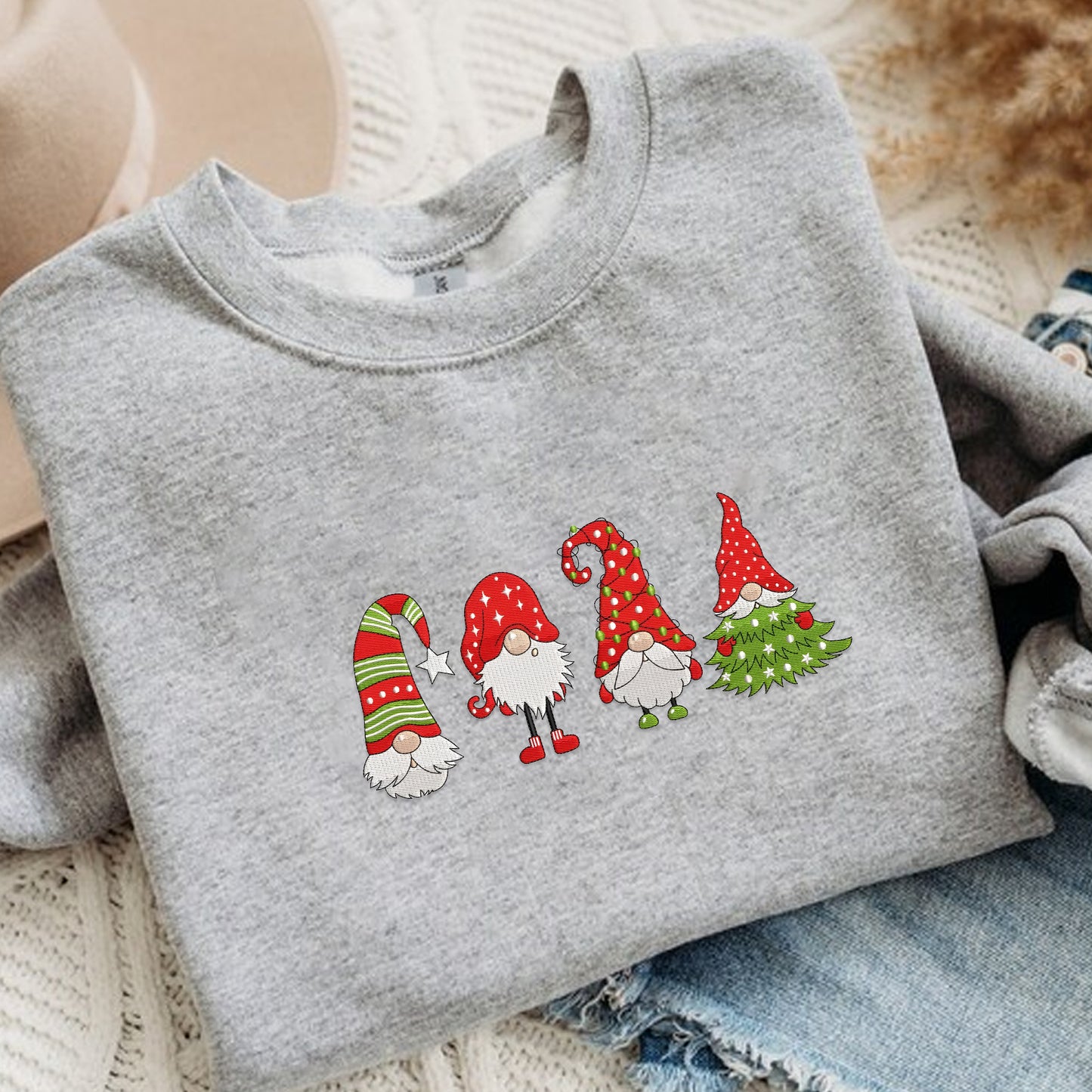 Christmas Gnomes Embroidery Sweatshirt, Holiday Christmas Embroidery