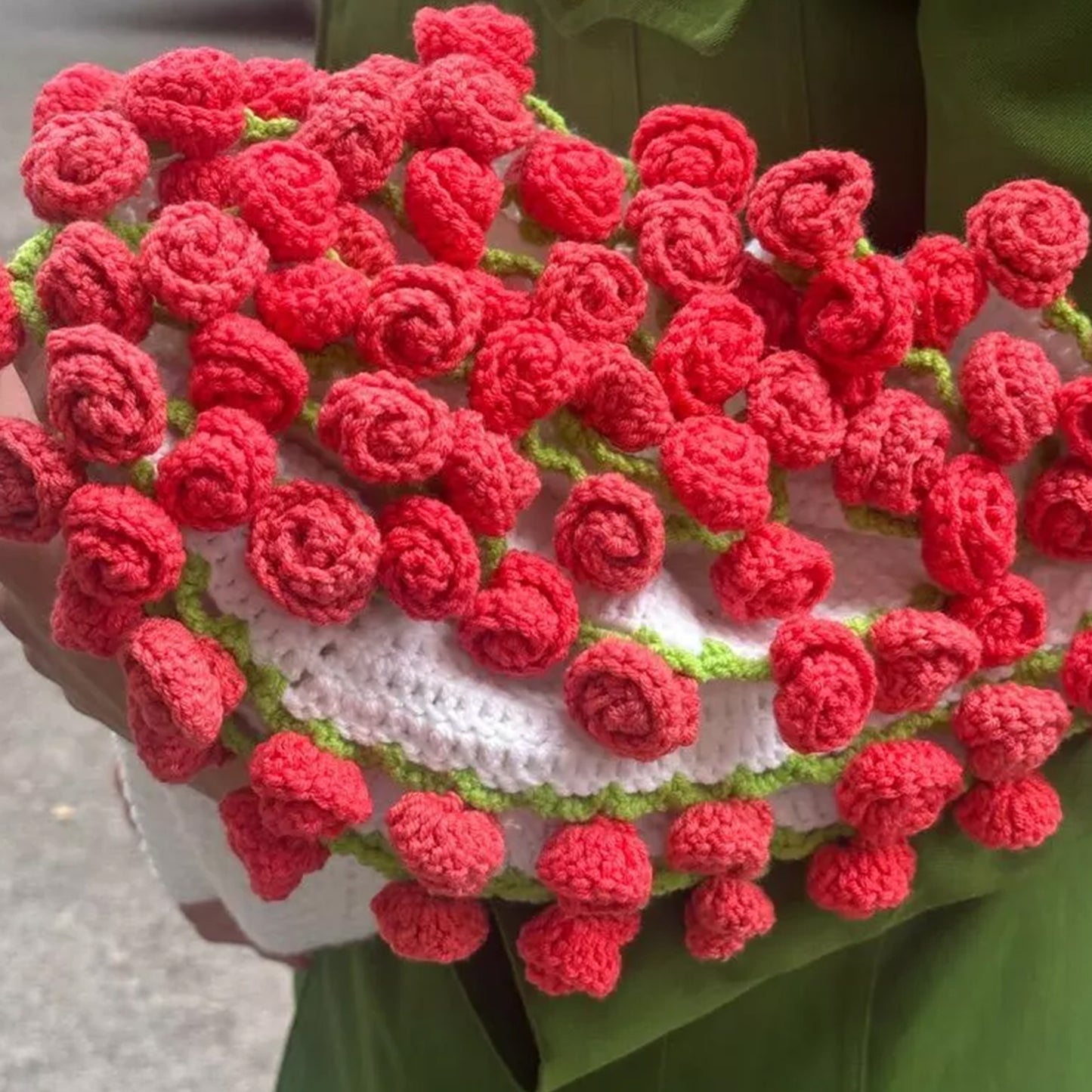 Personalized Crochet Flower Bouquet Blanket,Crocheted 3D Red Rose Bouquet,Granny Square Afghan, Knitted Sofa Blanket, Mother's Day Gift