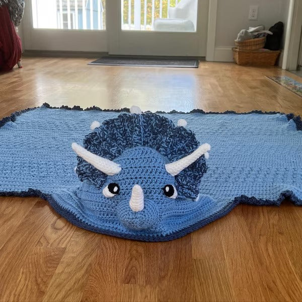 Handmade Dinosaur Crochet Blanket for Kids – Blue Triceratops Hooded Throw – Fun Cozy Gift for Boys or Girls – Custom Animal Blanket