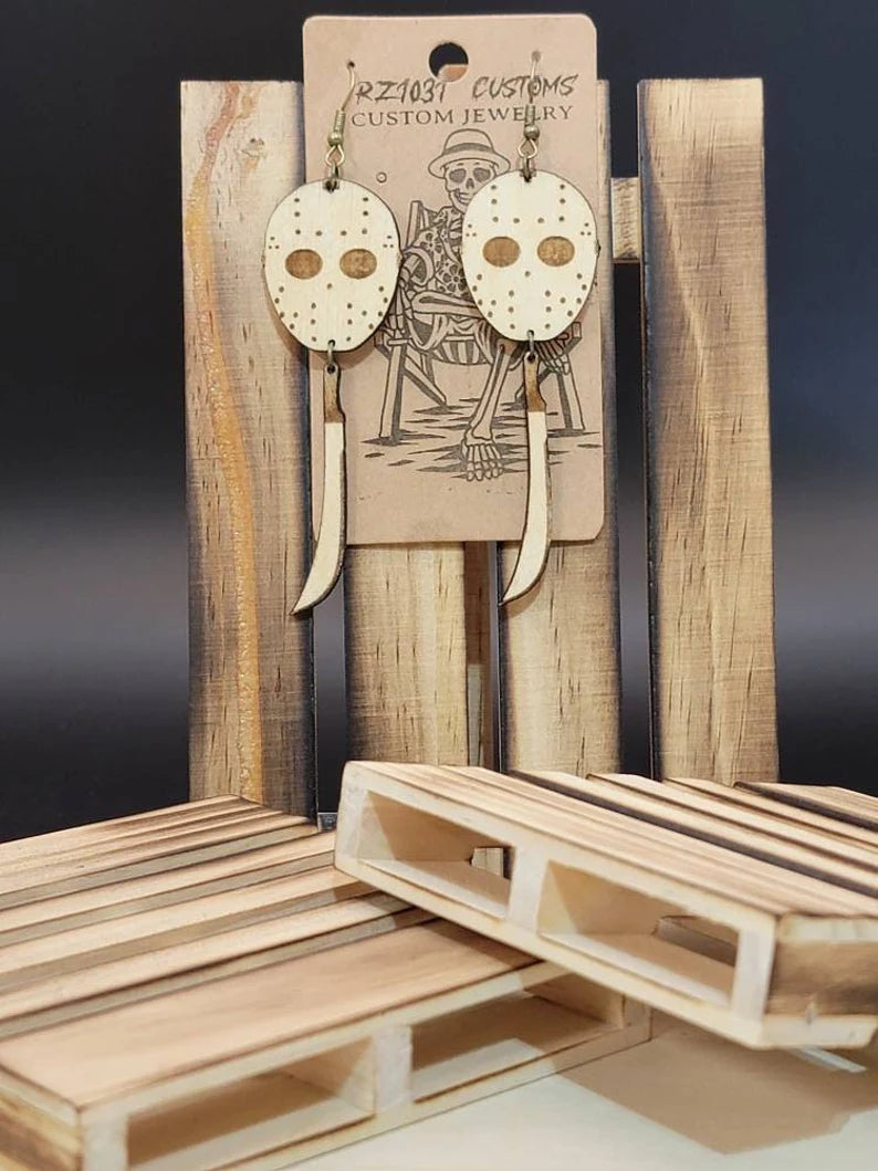 Personalized Friday the 13th, style wooden earrings. Horror, hockey mask and machete.