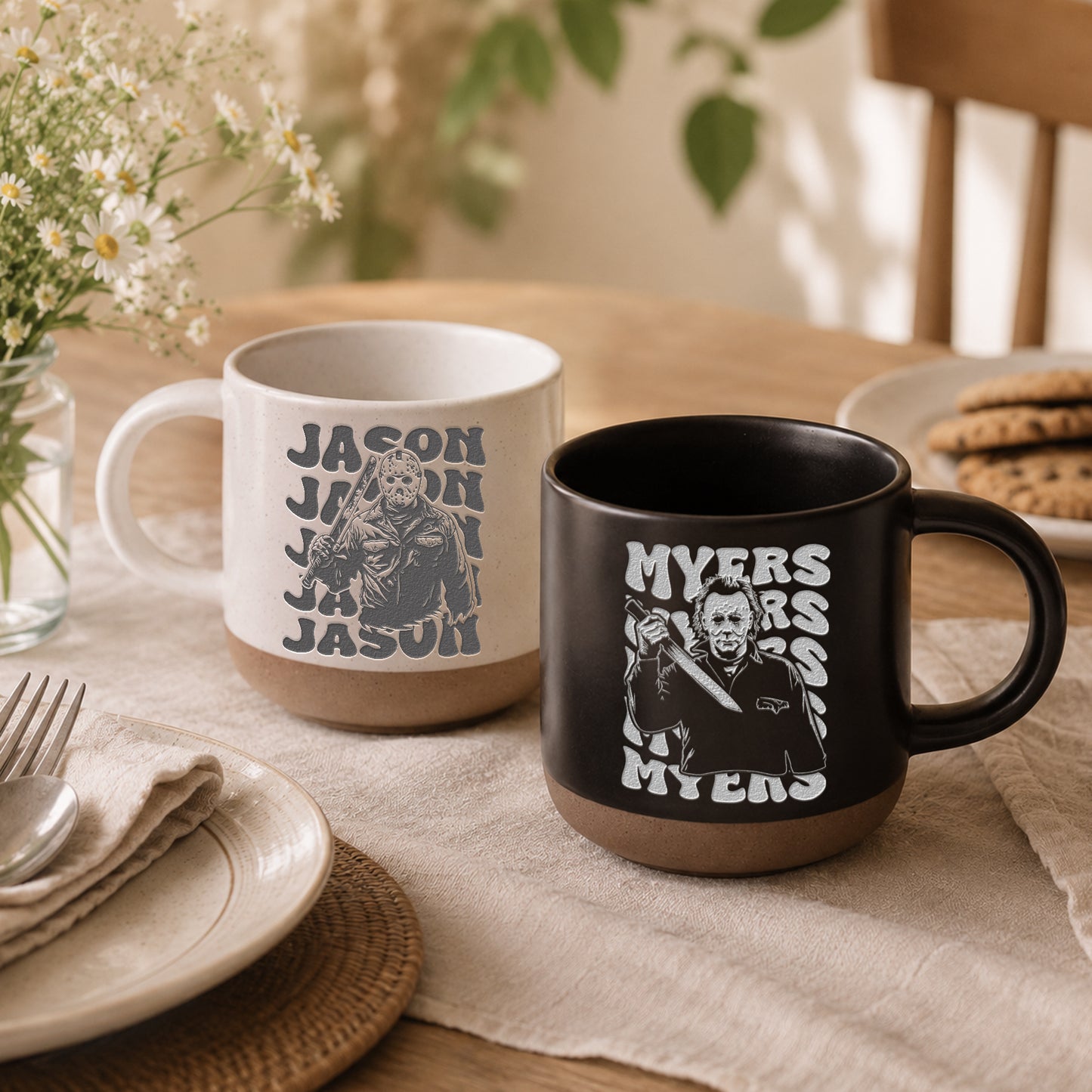 Engraved Horror Character Mug | Spooky Friends Coffee Mug | Gothic Gift for Horror Movies Fans