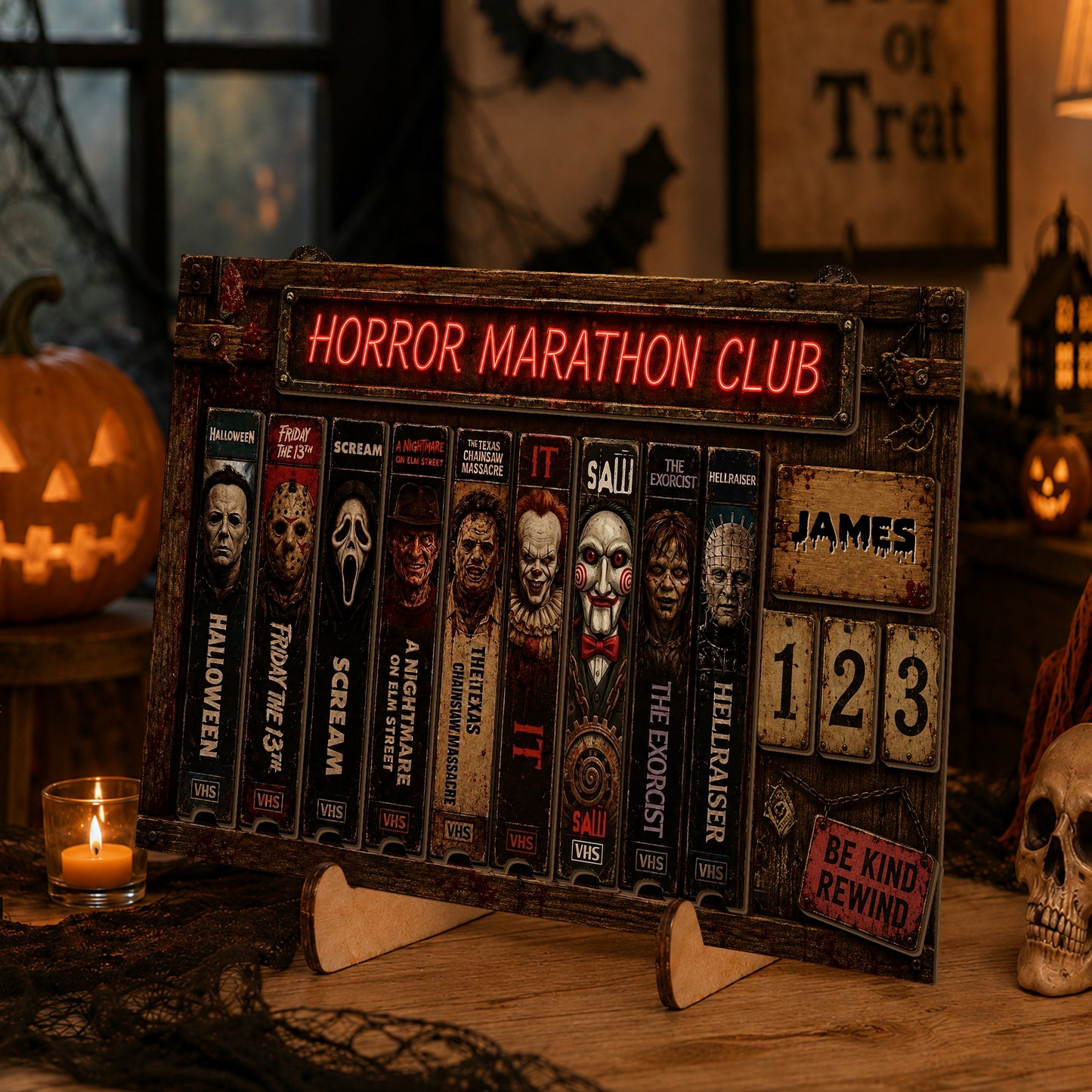 Personalized Horror Movie Tracker Sign, Horror Marathon Club Board, Spooky Wooden Countdown Decor, Gift for Horror Fans