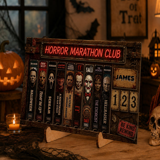 Personalized Horror Movie Tracker Sign, Horror Marathon Club Board, Spooky Wooden Countdown Decor, Gift for Horror Fans