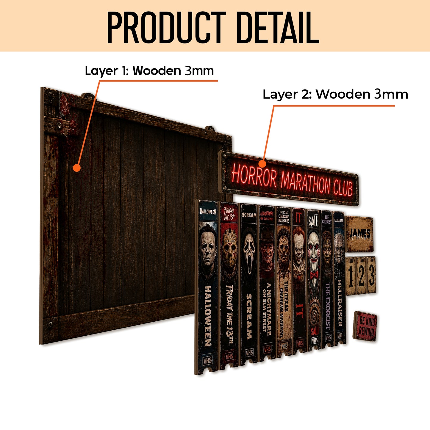 Personalized Horror Movie Tracker Sign, Horror Marathon Club Board, Spooky Wooden Countdown Decor, Gift for Horror Fans