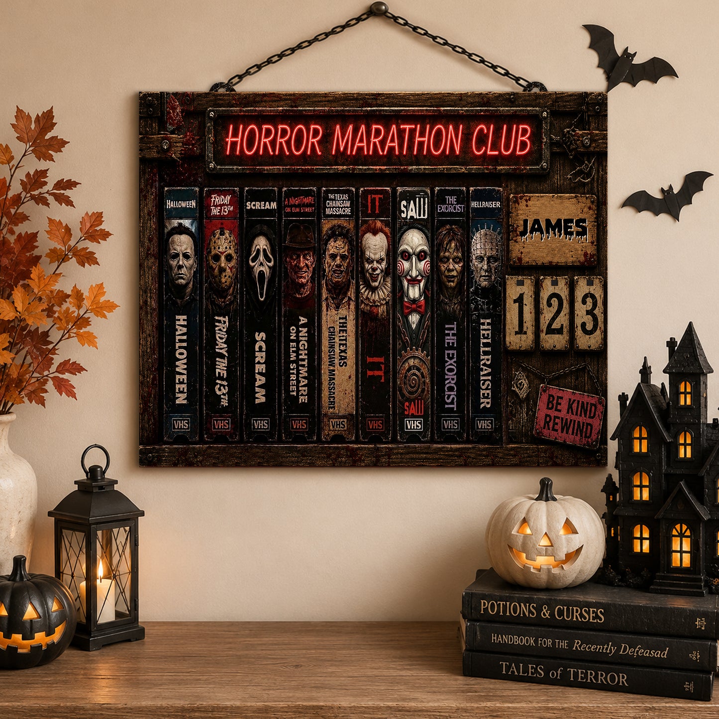 Personalized Horror Movie Tracker Sign, Horror Marathon Club Board, Spooky Wooden Countdown Decor, Gift for Horror Fans