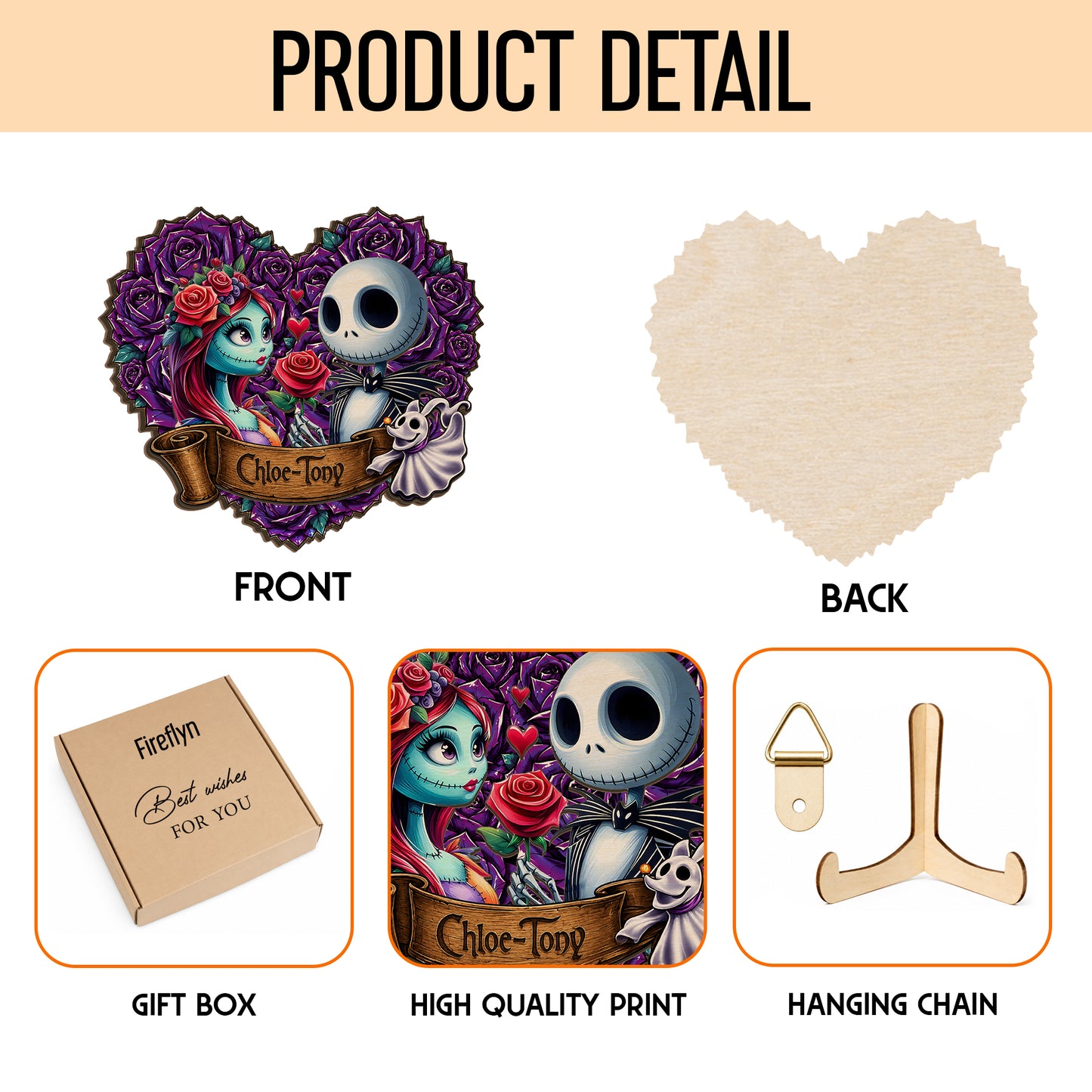 Personalized Jack And Sally Name Wooden Sign,Personalized Gothic Skeleton Couple Wooden Sign – Custom Halloween Couple Decor with Purple Roses