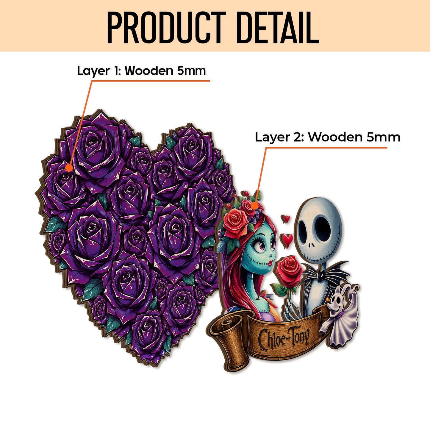 Personalized Jack And Sally Name Wooden Sign,Personalized Gothic Skeleton Couple Wooden Sign – Custom Halloween Couple Decor with Purple Roses