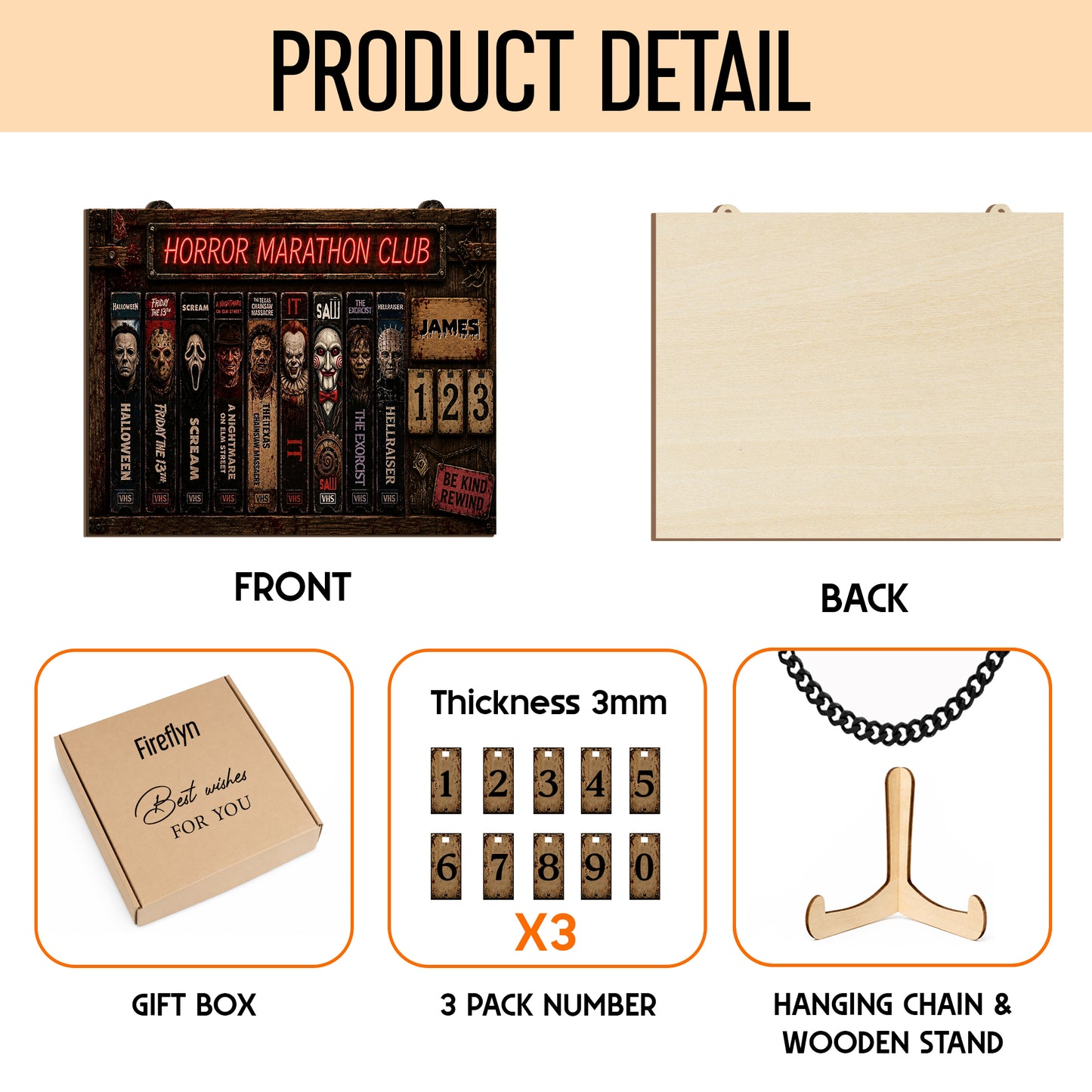 Personalized Horror Movie Tracker Sign, Horror Marathon Club Board, Spooky Wooden Countdown Decor, Gift for Horror Fans