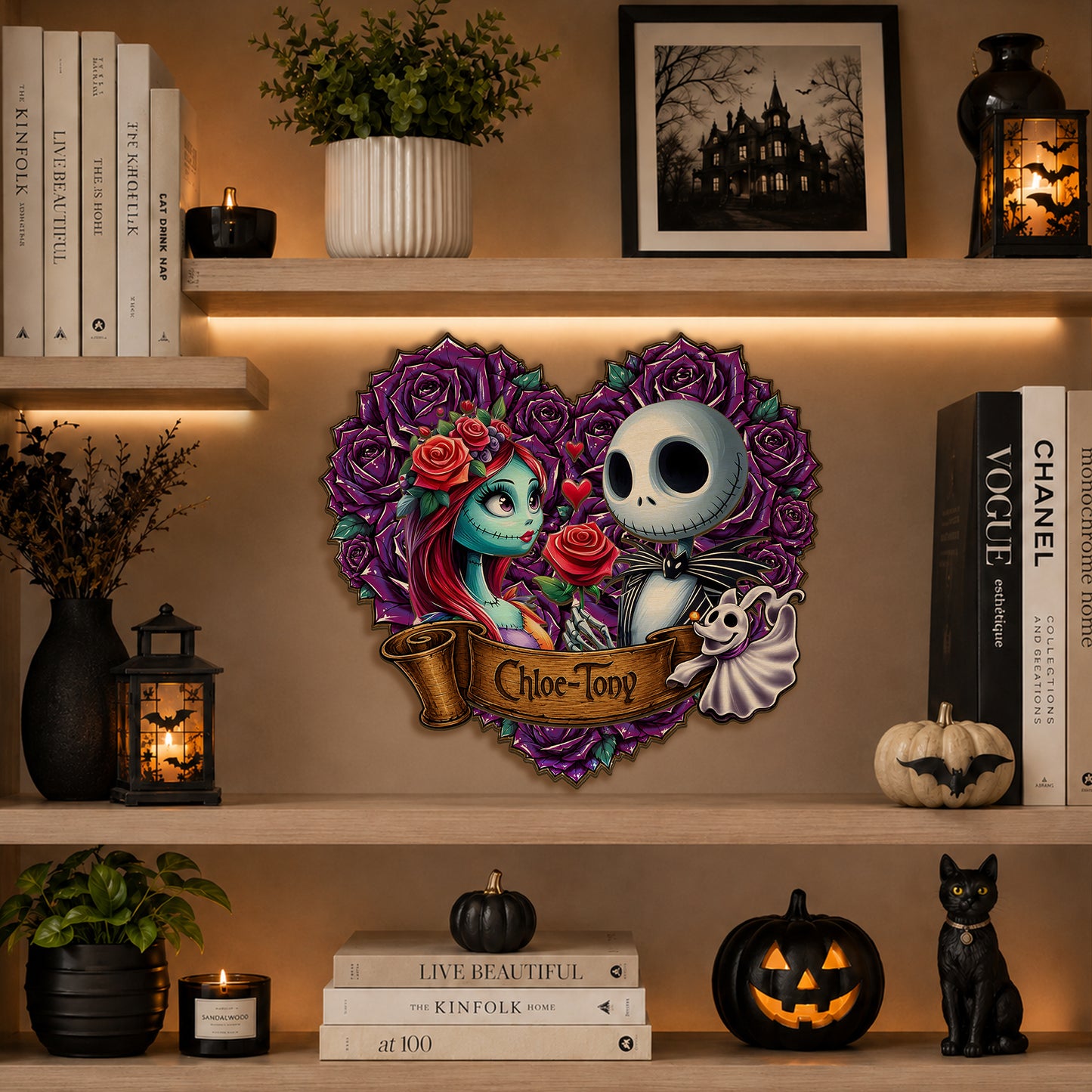 Personalized Jack And Sally Name Wooden Sign,Personalized Gothic Skeleton Couple Wooden Sign – Custom Halloween Couple Decor with Purple Roses