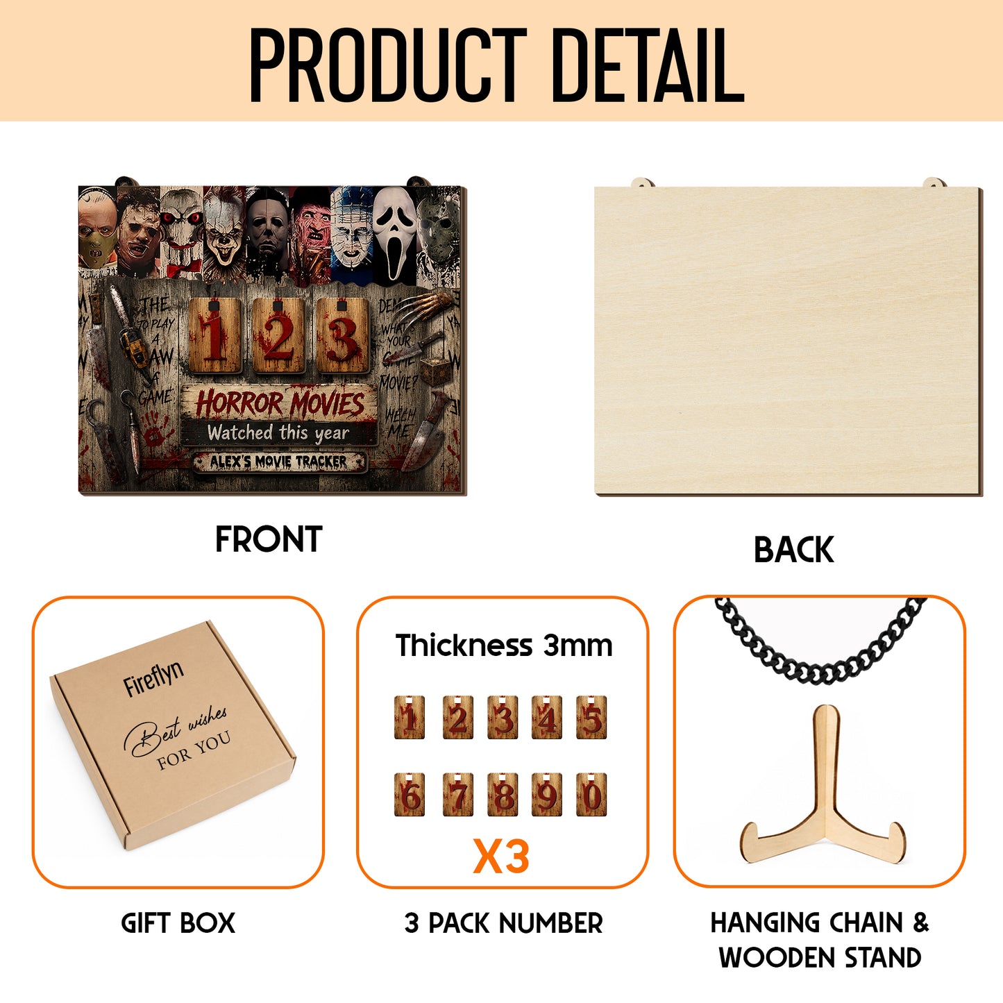 Personalized Horror Movie Tracker Sign, Horror Movies Watched This Year Board, Spooky Wooden Countdown Decor, Gift for Horror Fans