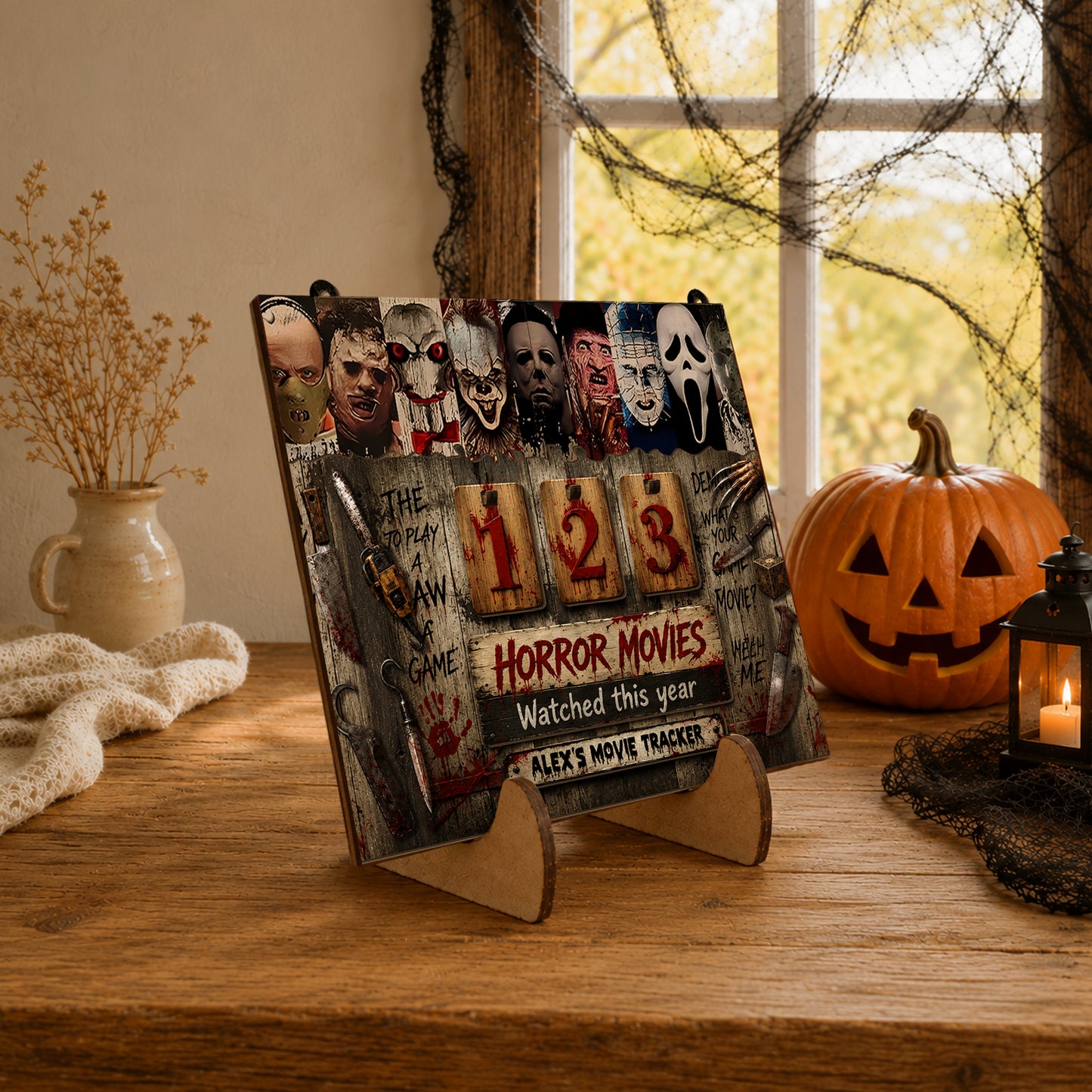 Personalized Horror Movie Tracker Sign, Horror Movies Watched This Year Board, Spooky Wooden Countdown Decor, Gift for Horror Fans