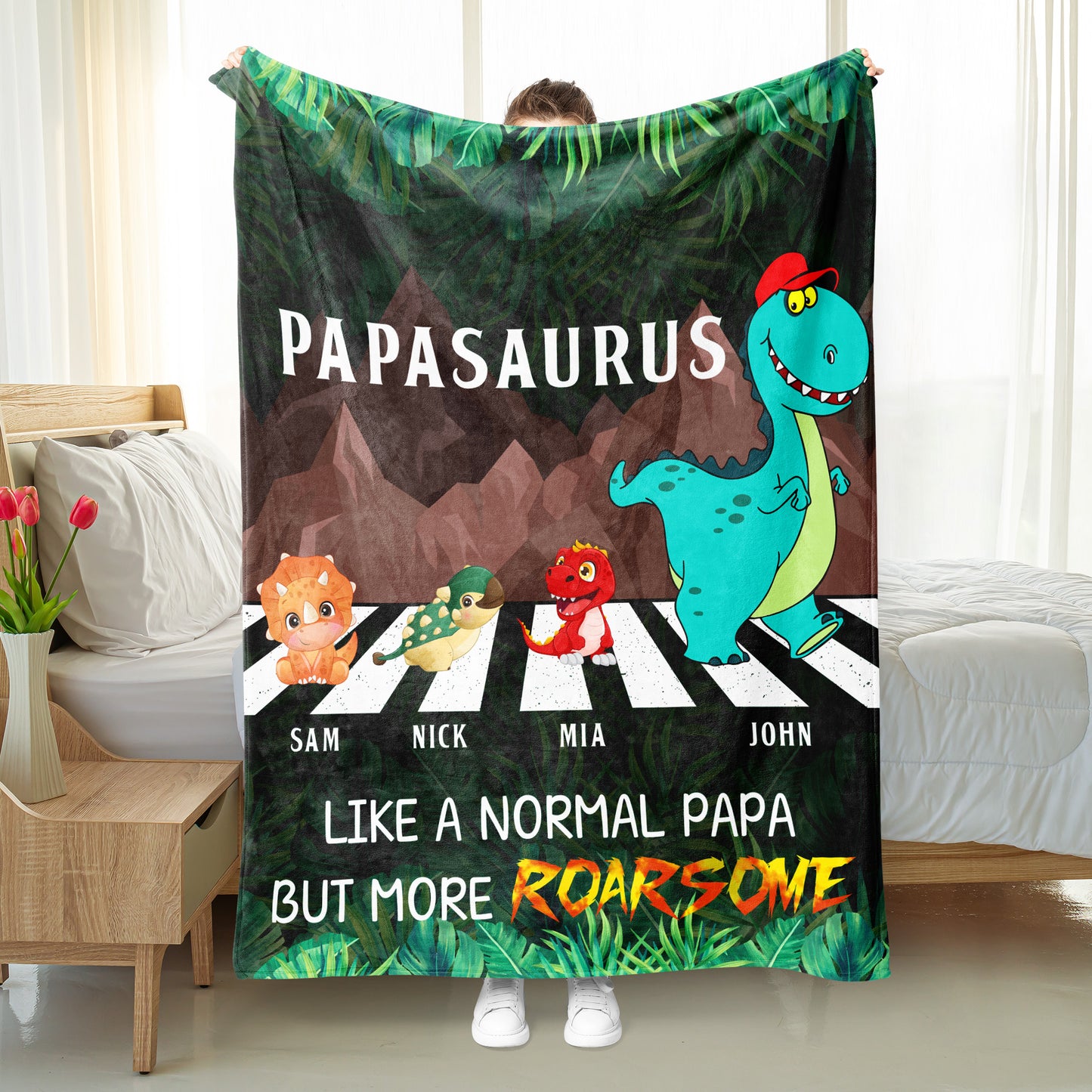 Personalized Walking Papasaurus Blanket, Custom Name Grandpasaurus Blanket- Perfect Father's Day Gift!