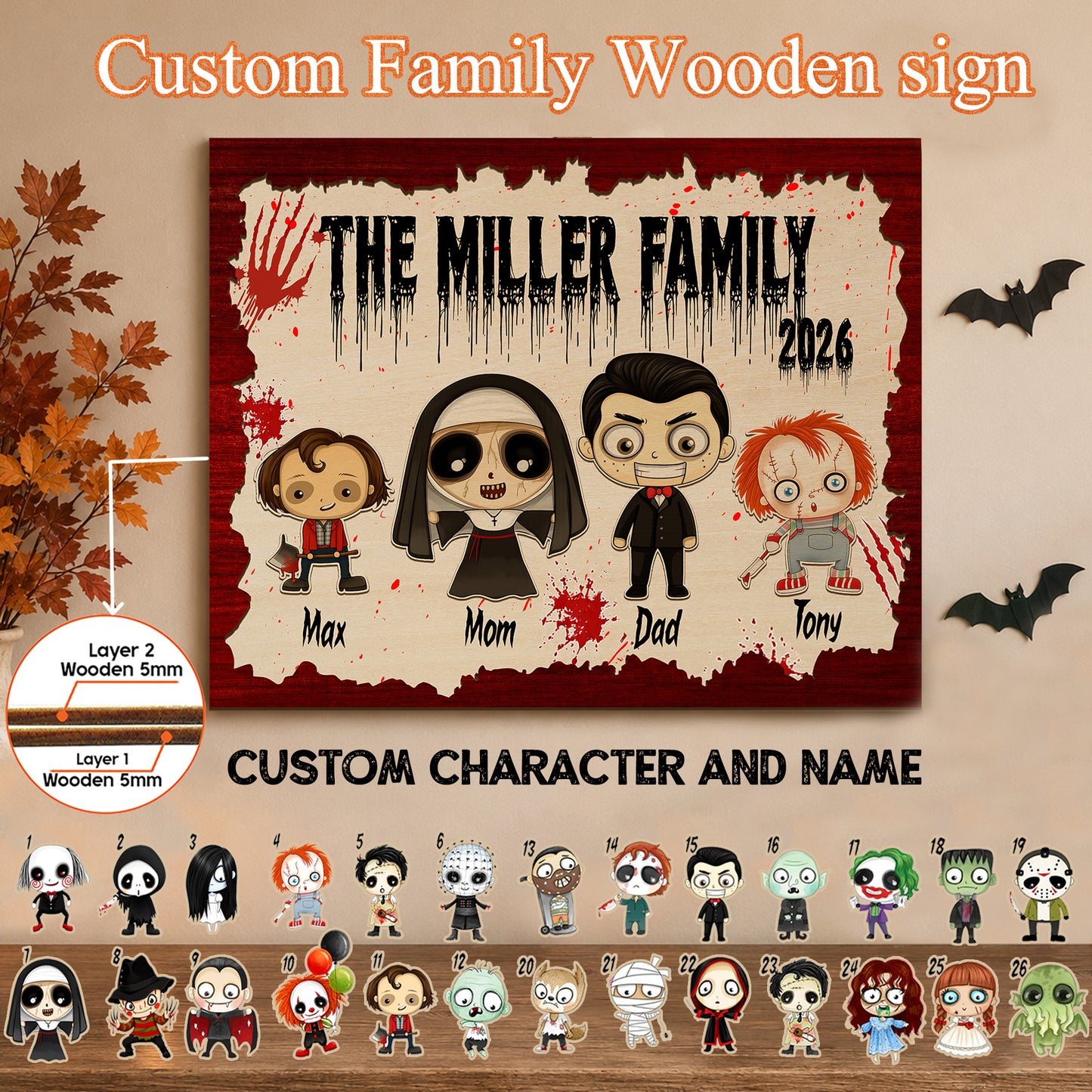 Personalized Family Wooden Sign, Character Horror Chibi Decor, Halloween Decor