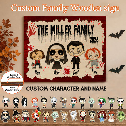 Personalized Family Wooden Sign, Character Horror Chibi Decor, Halloween Decor