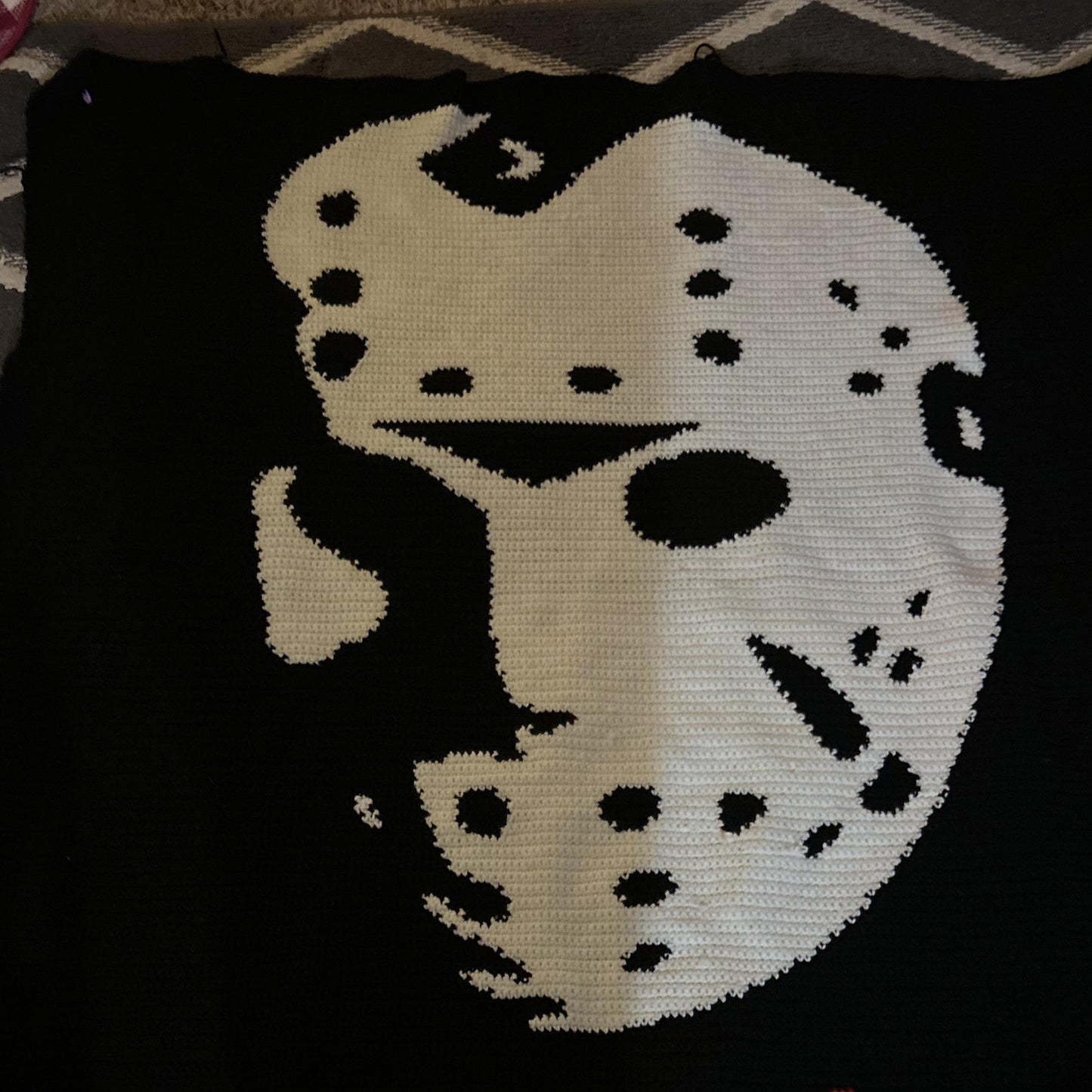 Jason Vorhees Mask Crochet Throw Blanket – Halloween Black and White Blanket