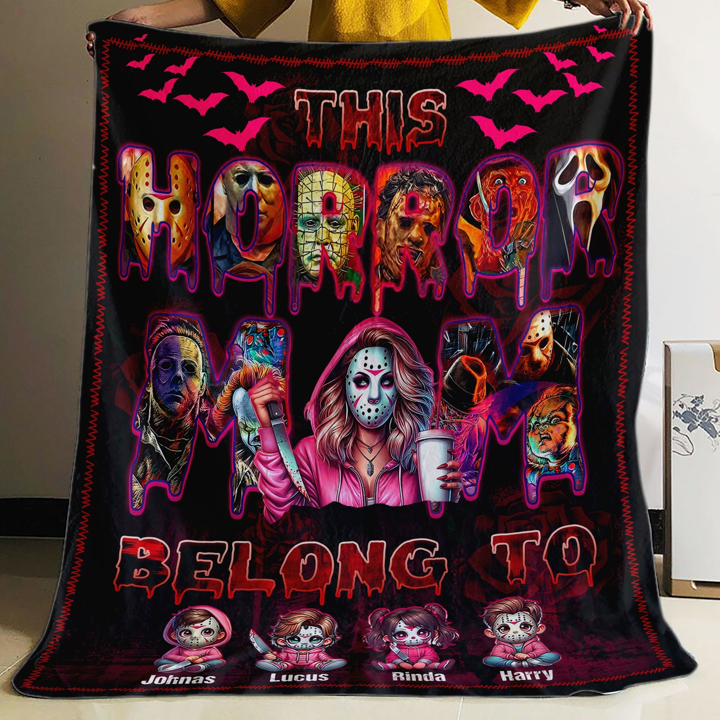 Custom Horror Mom Woven Cozy Blanket, This Horror Mom Belong To Gift Fleece Blanket, Custom Name For Kids