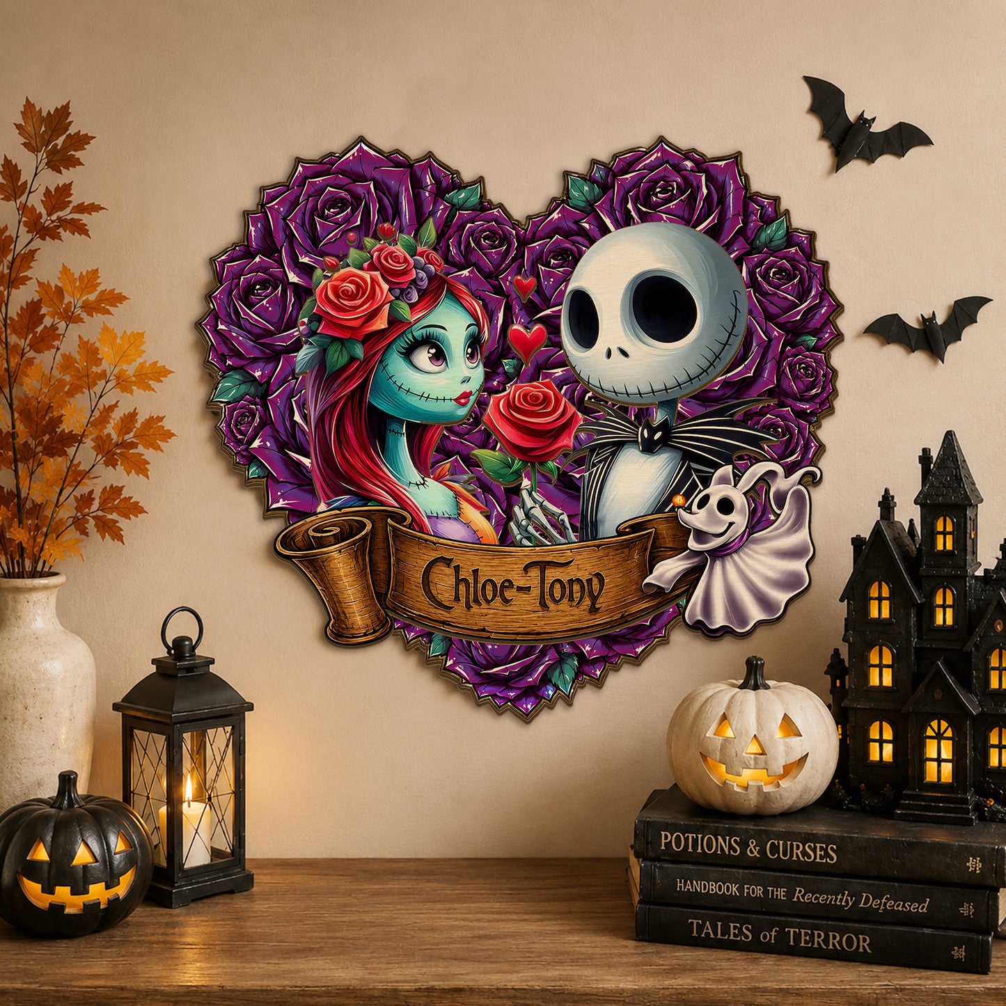Personalized Jack And Sally Name Wooden Sign,Personalized Gothic Skeleton Couple Wooden Sign – Custom Halloween Couple Decor with Purple Roses