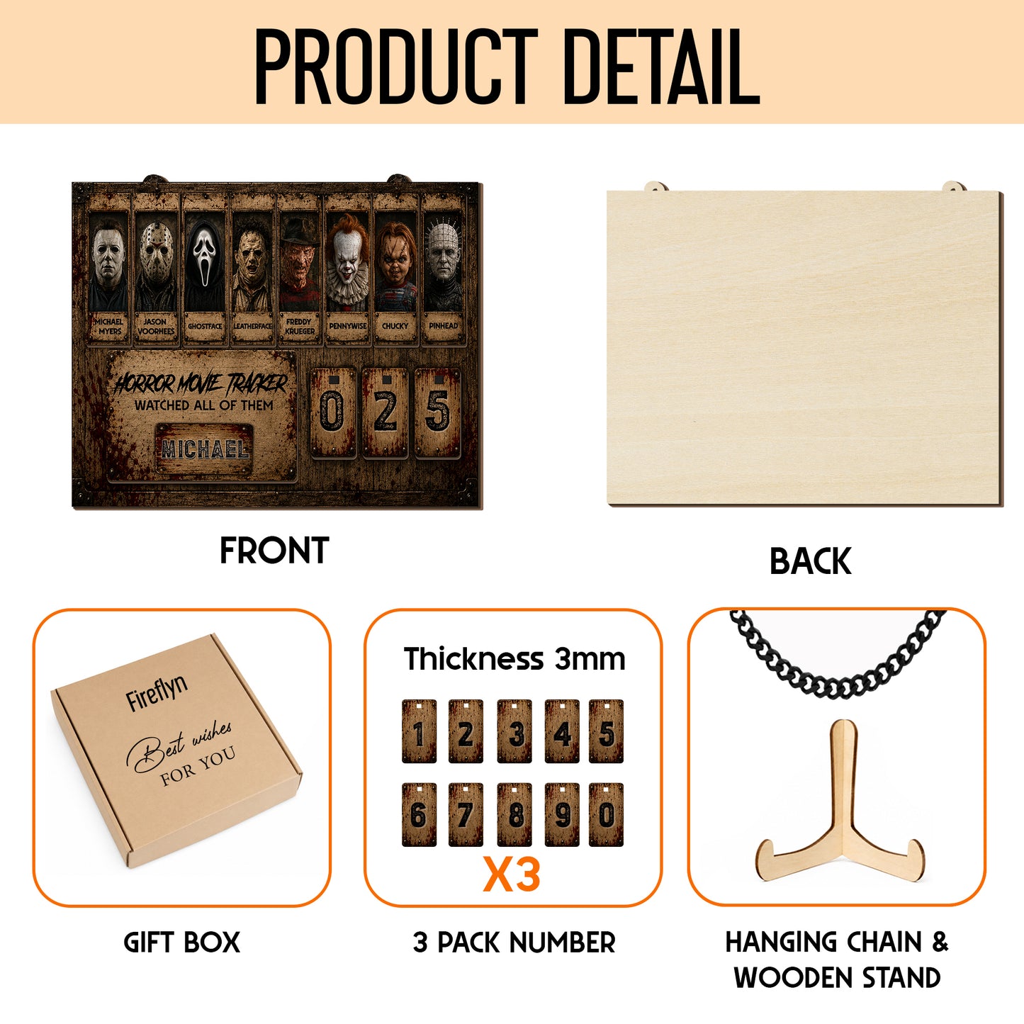 Personalized Horror Movie Tracker Sign, Horror Movies Tracker, Spooky Wooden Countdown Decor, Gift for Horror Fans (Copy)