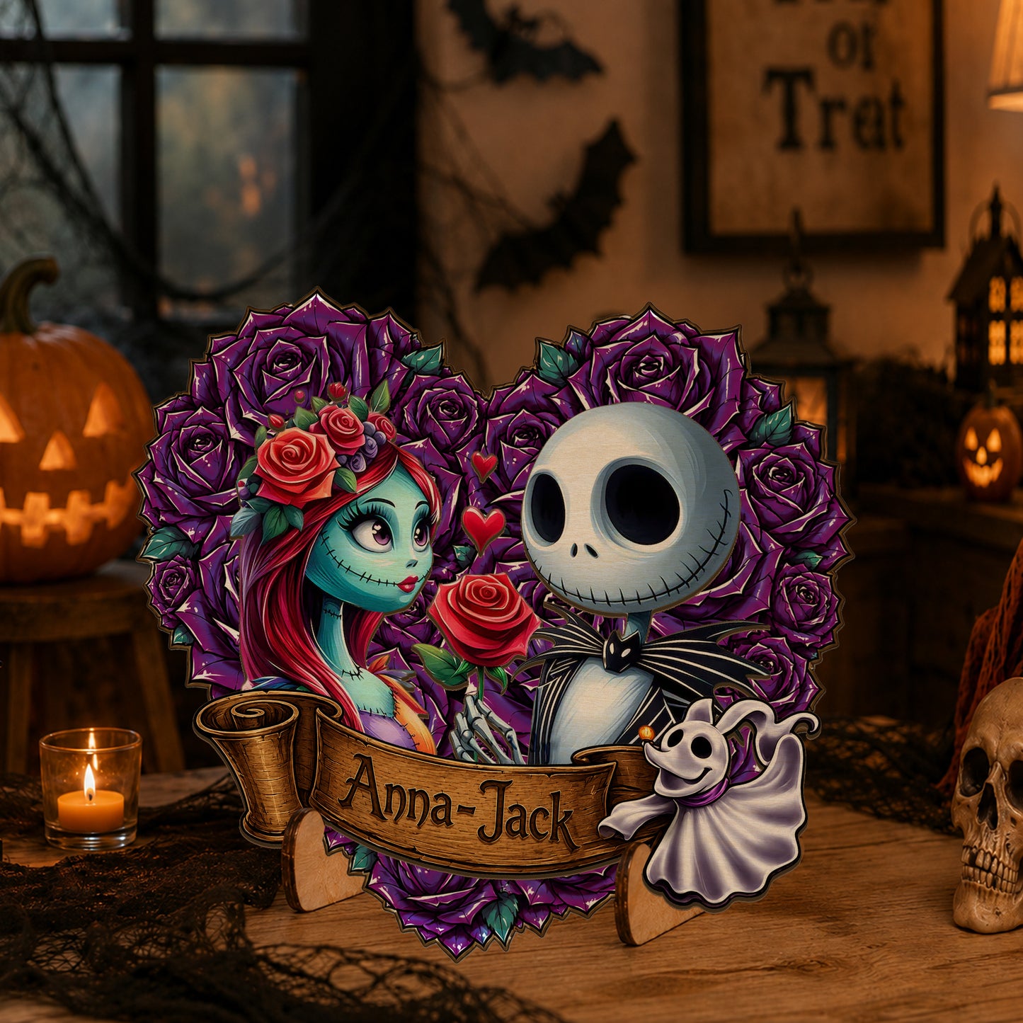 Personalized Jack And Sally Name Wooden Sign,Personalized Gothic Skeleton Couple Wooden Sign – Custom Halloween Couple Decor with Purple Roses