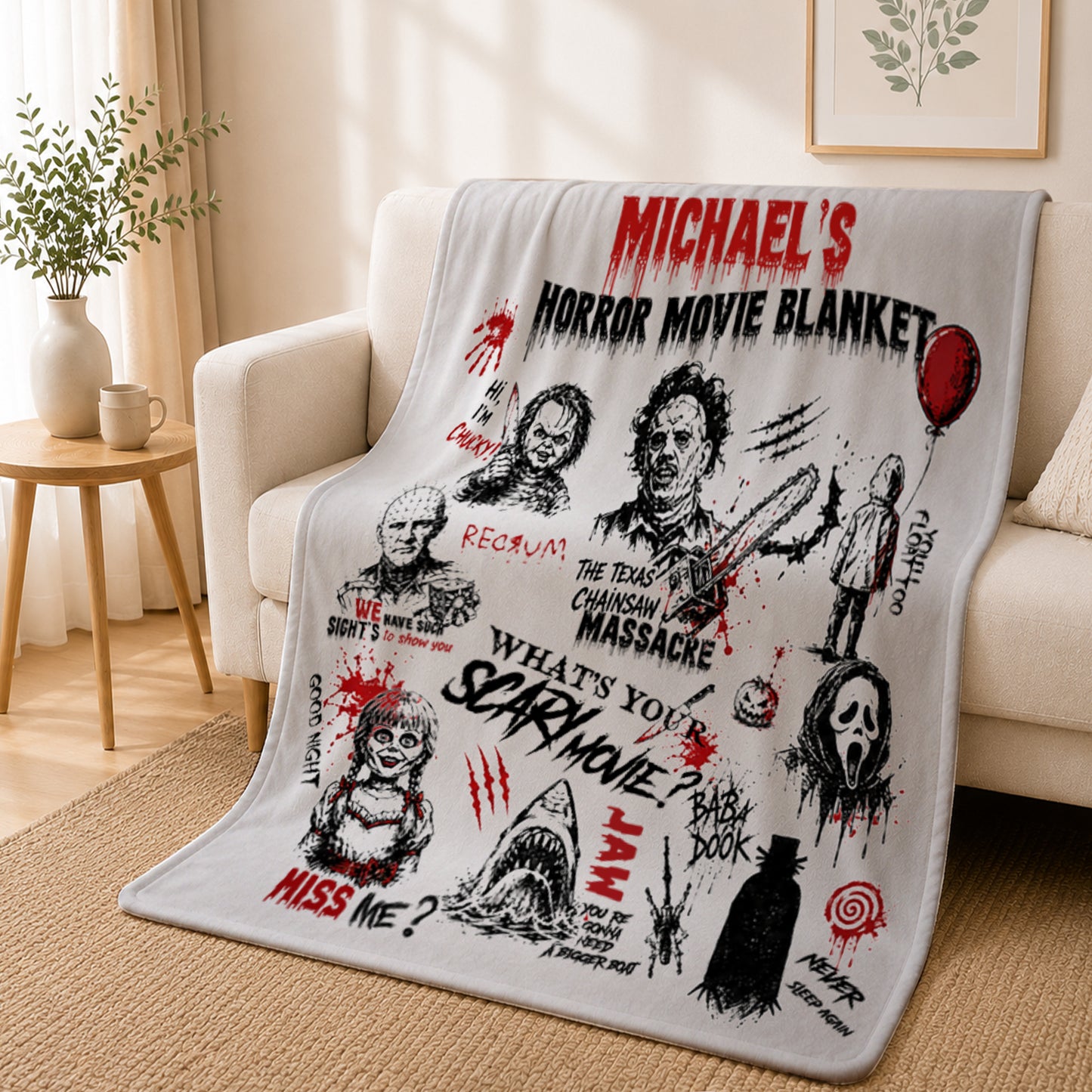 Personalized Horror Movies Blanket,Michael Myers, Jason Voorhees, Freddy Krueger, Leatherface, Ghostface, Pennywise Blanket Gift