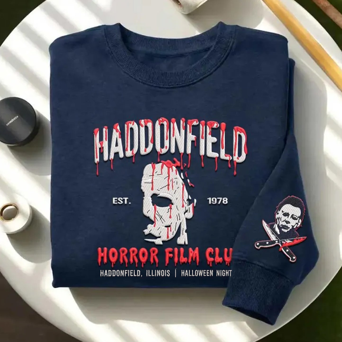 Halloween Horror Film Club Embroidered Hoodie – Vintage Horror Fan Sweatshirt, Spooky Season Pullover, Halloween Movie Lover Gift