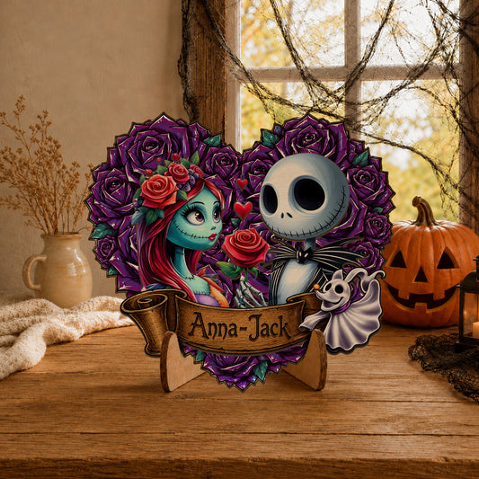 Personalized Jack And Sally Name Wooden Sign,Personalized Gothic Skeleton Couple Wooden Sign – Custom Halloween Couple Decor with Purple Roses