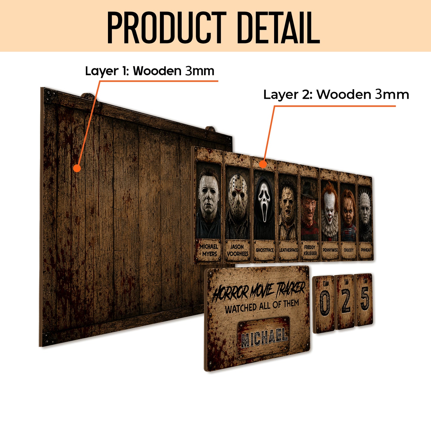 Personalized Horror Movie Tracker Sign, Horror Movies Tracker, Spooky Wooden Countdown Decor, Gift for Horror Fans (Copy)