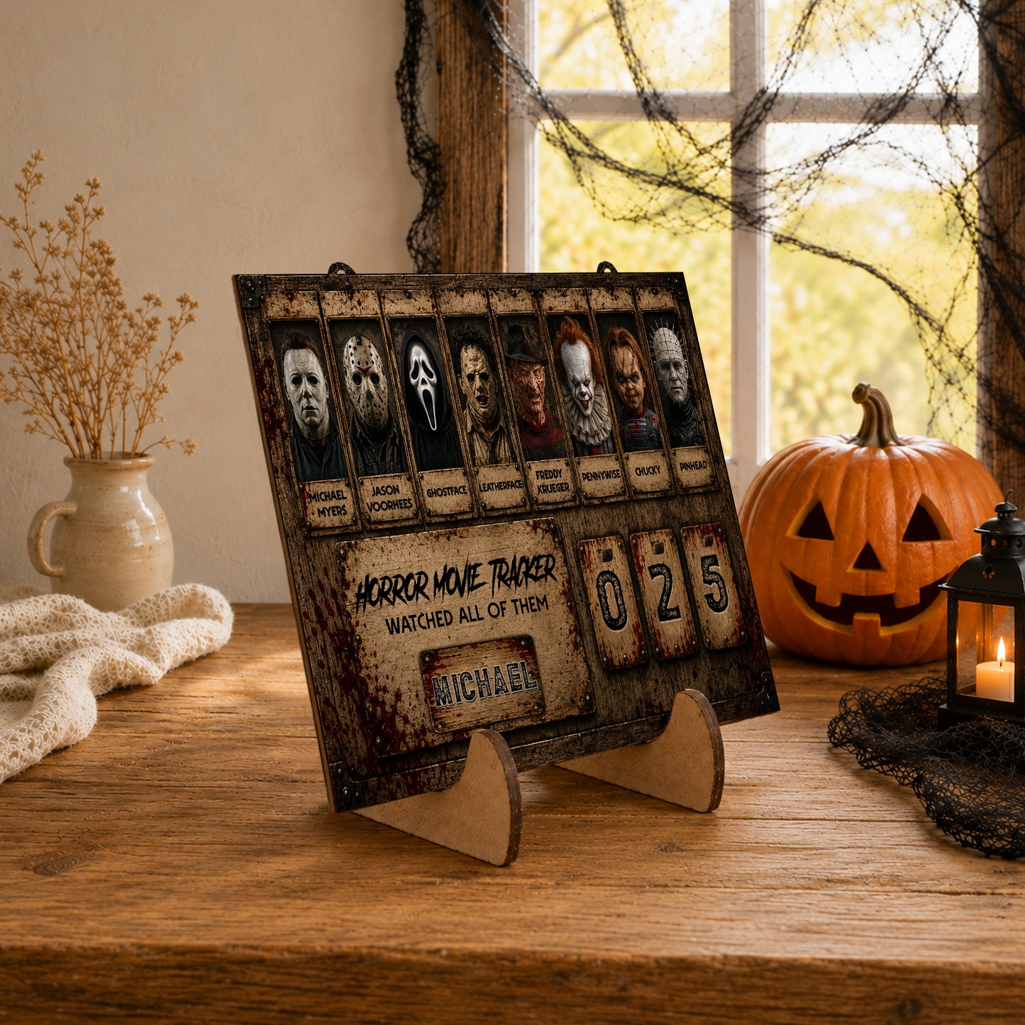 Personalized Horror Movie Tracker Sign, Horror Movies Tracker, Spooky Wooden Countdown Decor, Gift for Horror Fans (Copy)