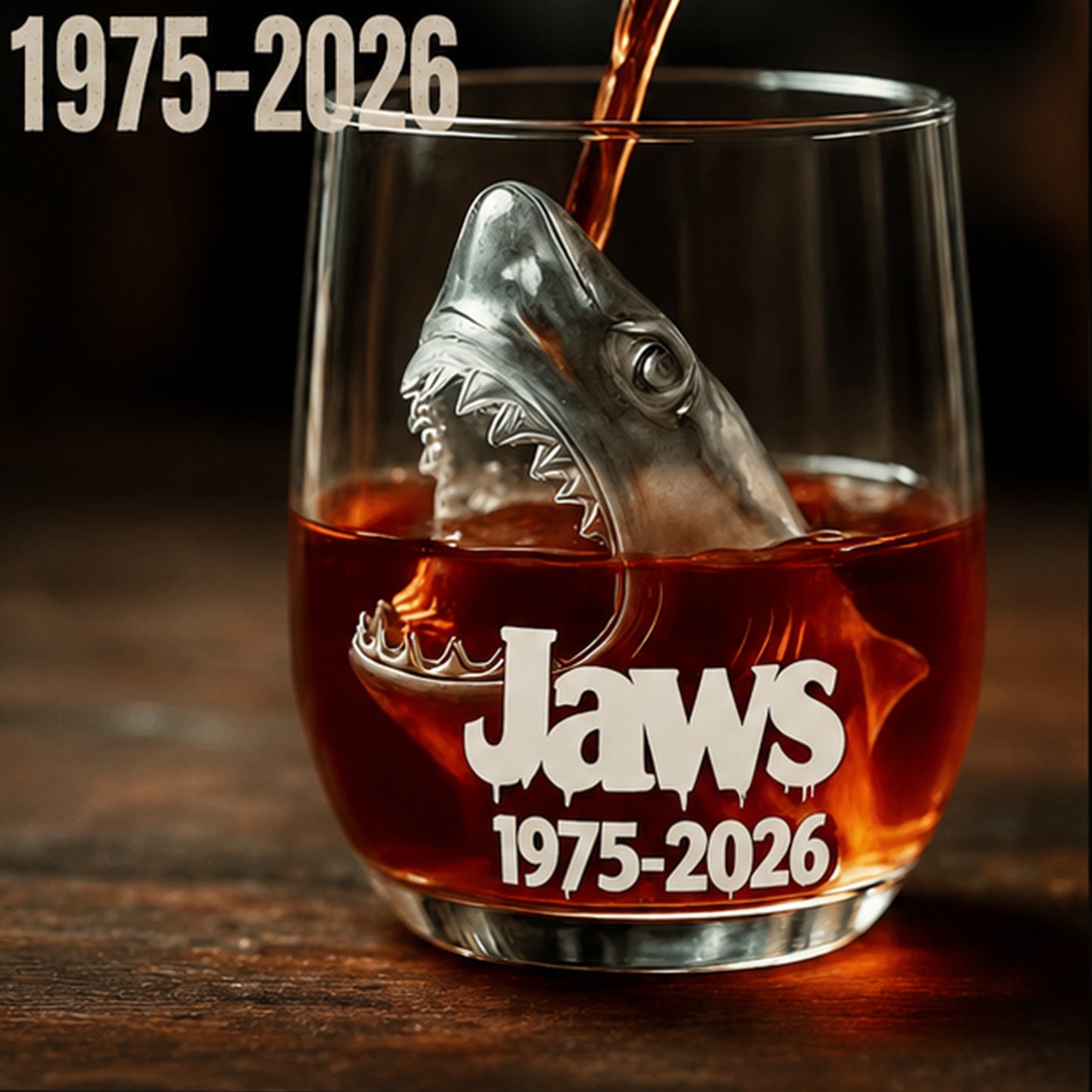 Limited Edition Jaws 50th Anniversary Whiskey Glass - Engraved 1975-2026 with Realistic Shark Glass Feature. Rare Movie Collectible.