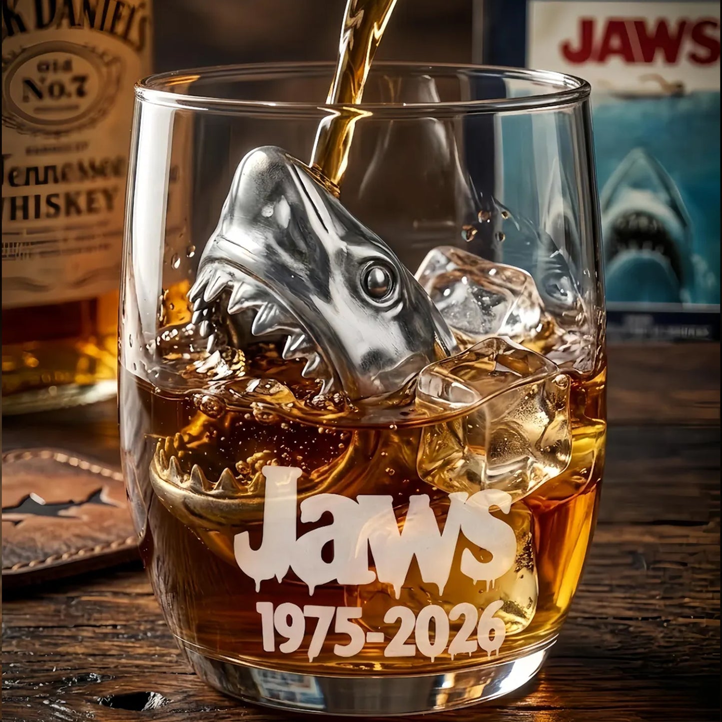 Limited Edition Jaws 50th Anniversary Whiskey Glass - Engraved 1975-2026 with Realistic Shark Glass Feature. Rare Movie Collectible.
