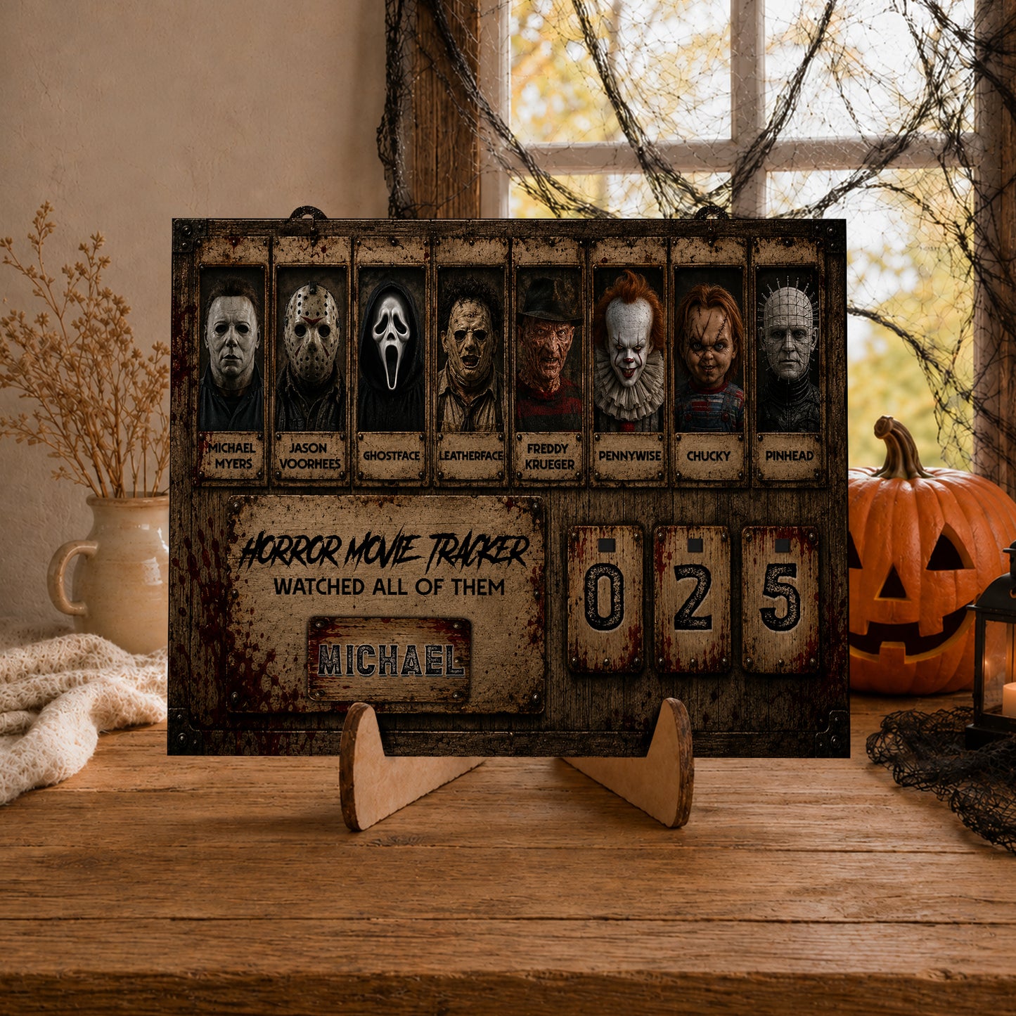 Personalized Horror Movie Tracker Sign, Horror Movies Tracker, Spooky Wooden Countdown Decor, Gift for Horror Fans (Copy)