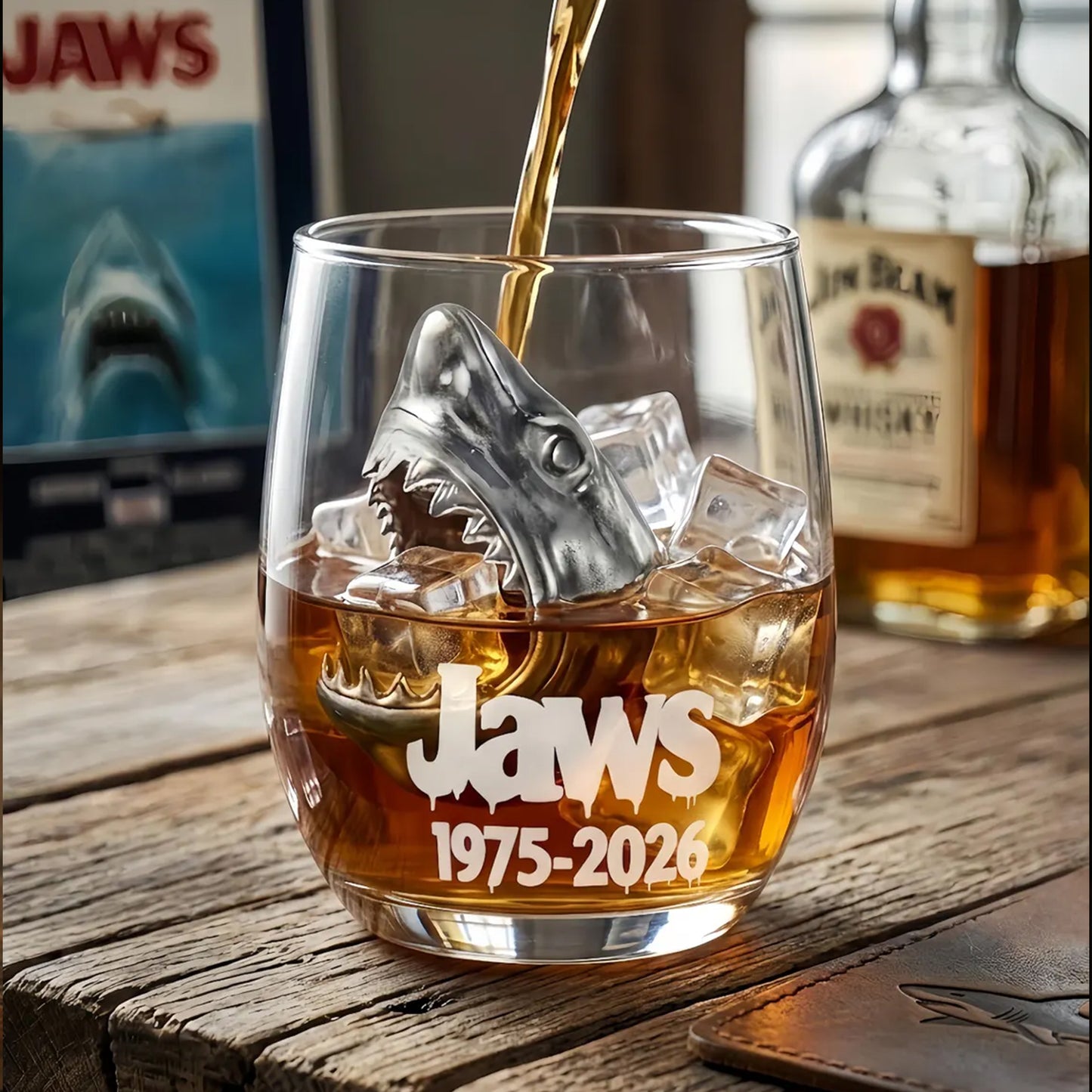 Limited Edition Jaws 50th Anniversary Whiskey Glass - Engraved 1975-2026 with Realistic Shark Glass Feature. Rare Movie Collectible.