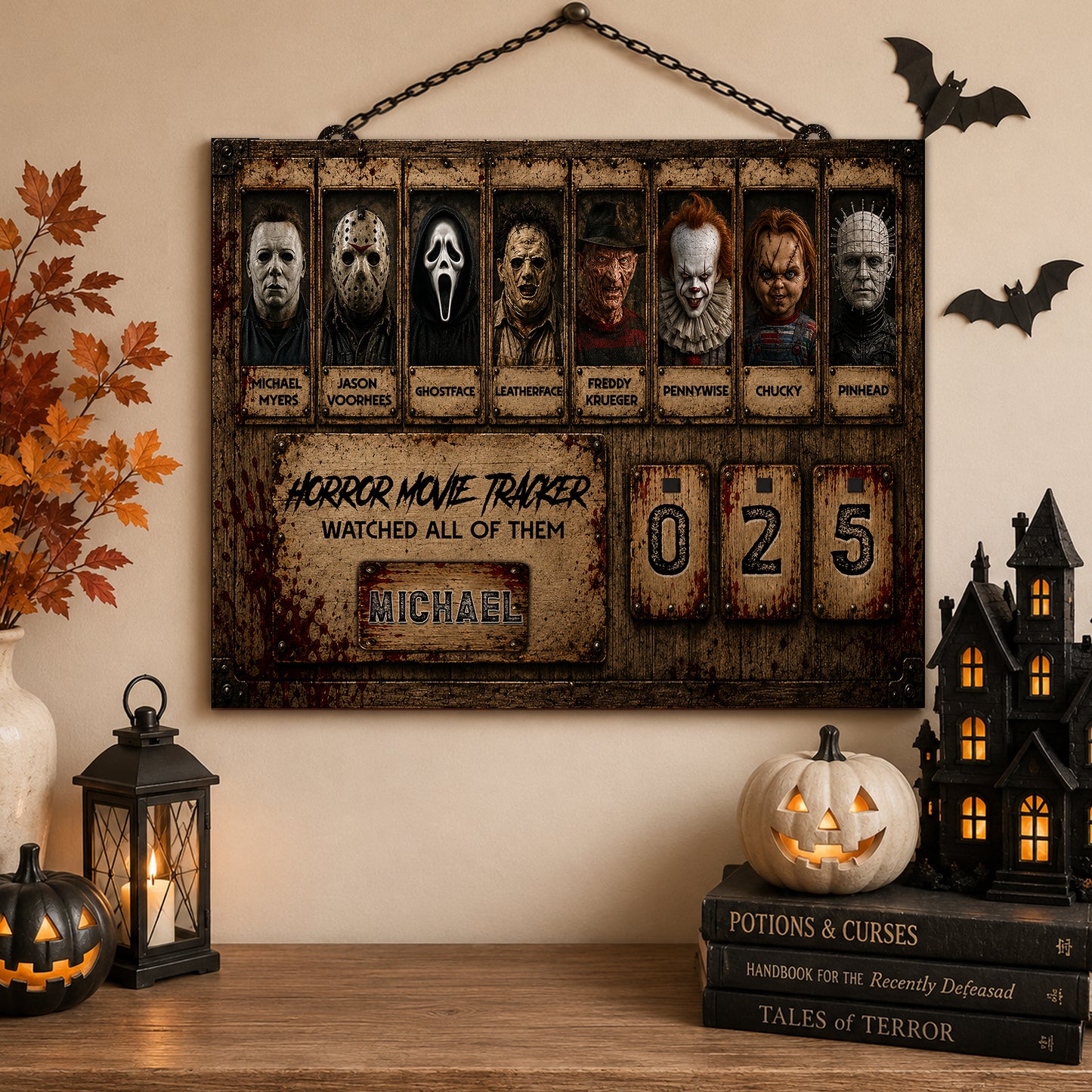 Personalized Horror Movie Tracker Sign, Horror Movies Tracker, Spooky Wooden Countdown Decor, Gift for Horror Fans (Copy)