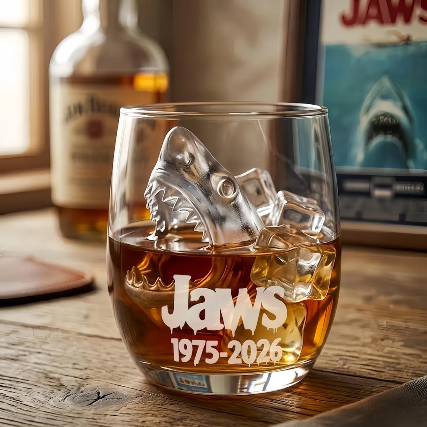 Limited Edition Jaws 50th Anniversary Whiskey Glass - Engraved 1975-2026 with Realistic Shark Glass Feature. Rare Movie Collectible.