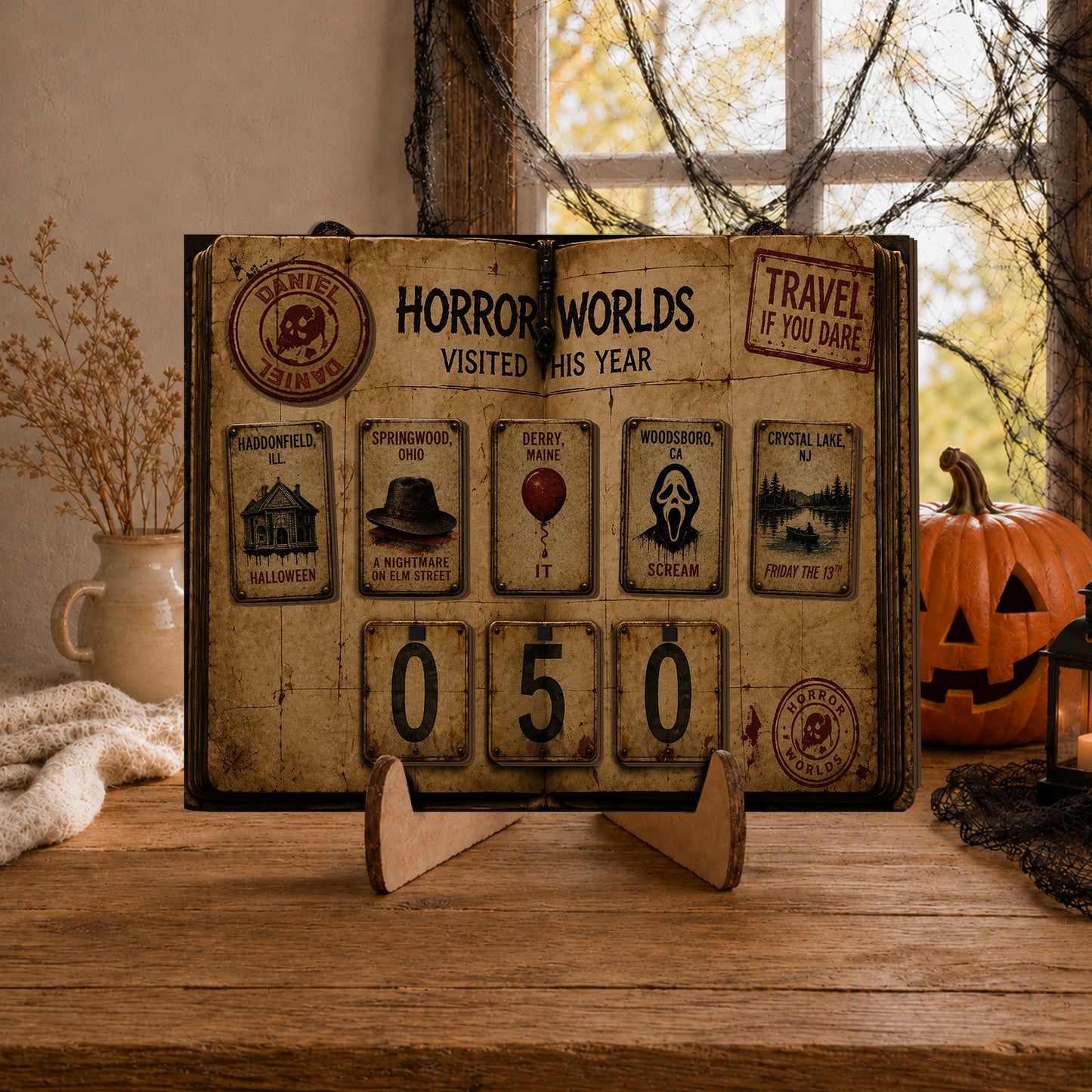 Personalized Horror Movie Tracker Sign, Horror Worlds Visited This Year, Spooky Wooden Countdown Decor, Gift for Horror Fans (Copy) (Copy)