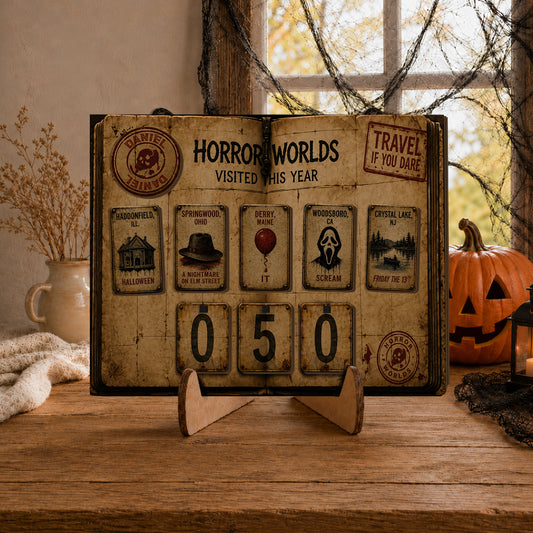 Personalized Horror Movie Tracker Sign, Horror Worlds Visited This Year, Spooky Wooden Countdown Decor, Gift for Horror Fans