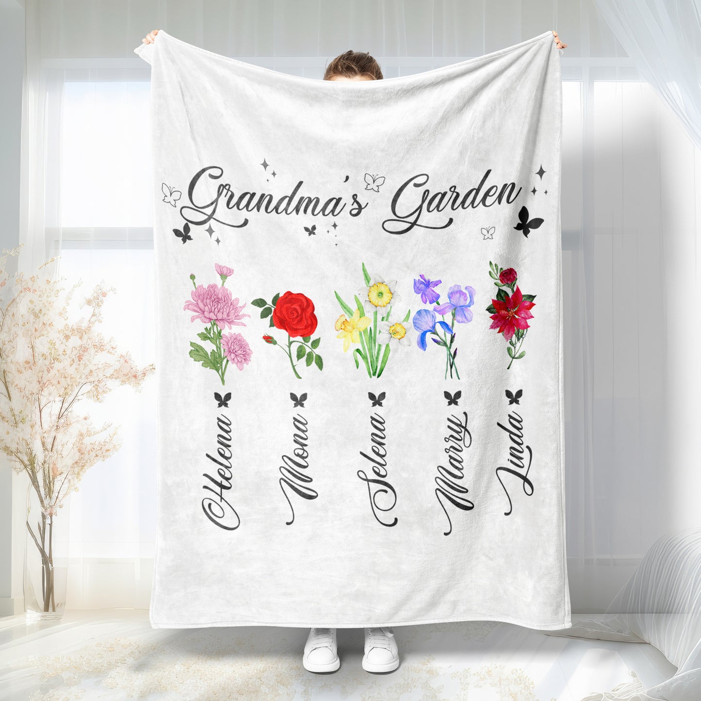 Custom Birth Month Flower Blanket, Nana's Garden Throw Blanket, Gift for Grandma, Mom With Kids Name