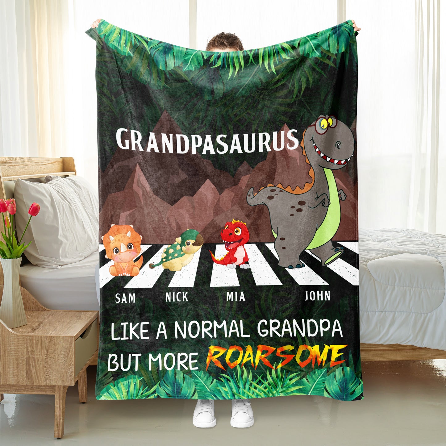 Personalized Walking Papasaurus Blanket, Custom Name Grandpasaurus Blanket- Perfect Father's Day Gift!