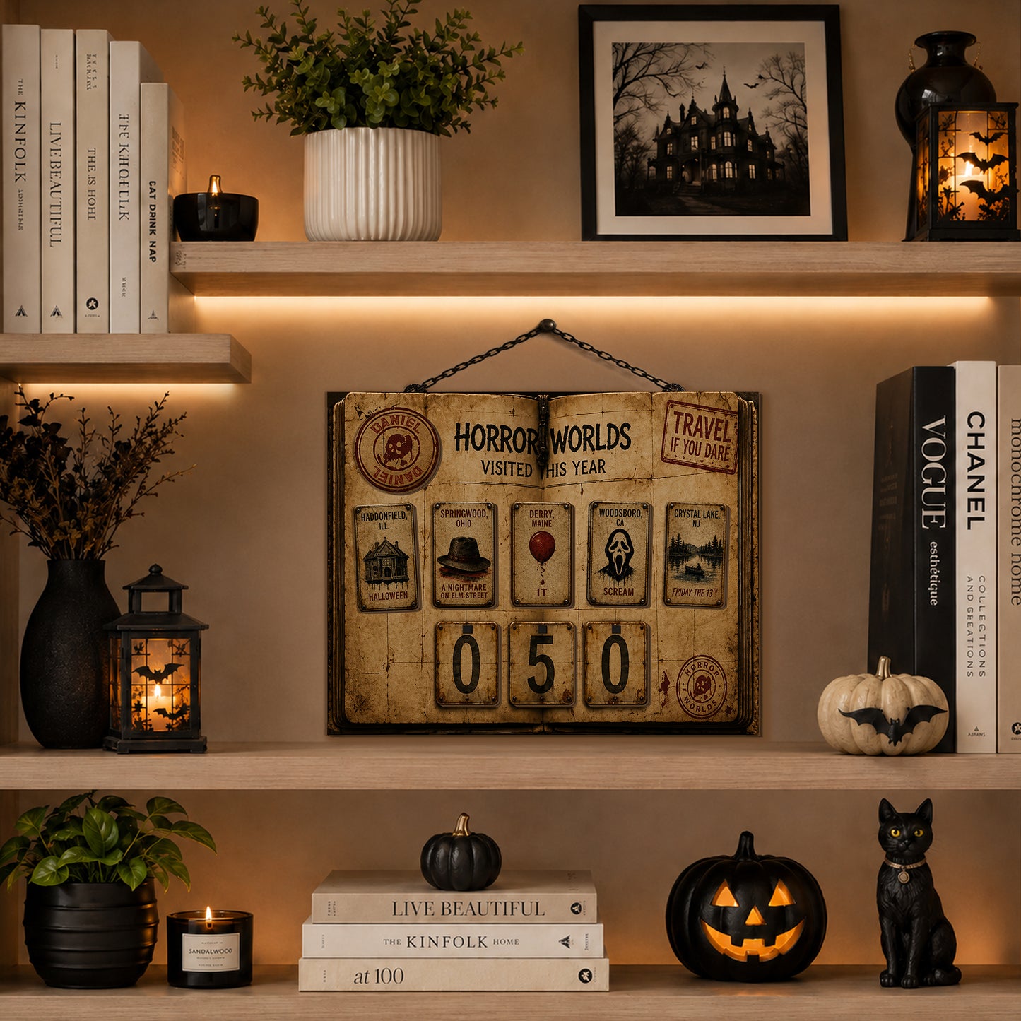 Personalized Horror Movie Tracker Sign, Horror Worlds Visited This Year, Spooky Wooden Countdown Decor, Gift for Horror Fans (Copy) (Copy)