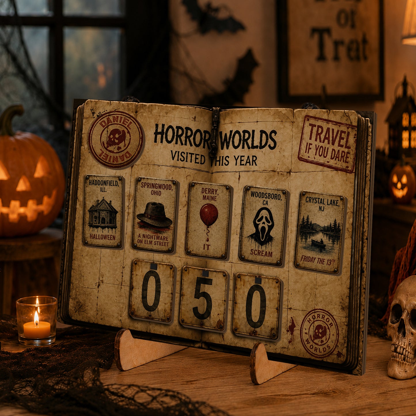 Personalized Horror Movie Tracker Sign, Horror Worlds Visited This Year, Spooky Wooden Countdown Decor, Gift for Horror Fans (Copy) (Copy)