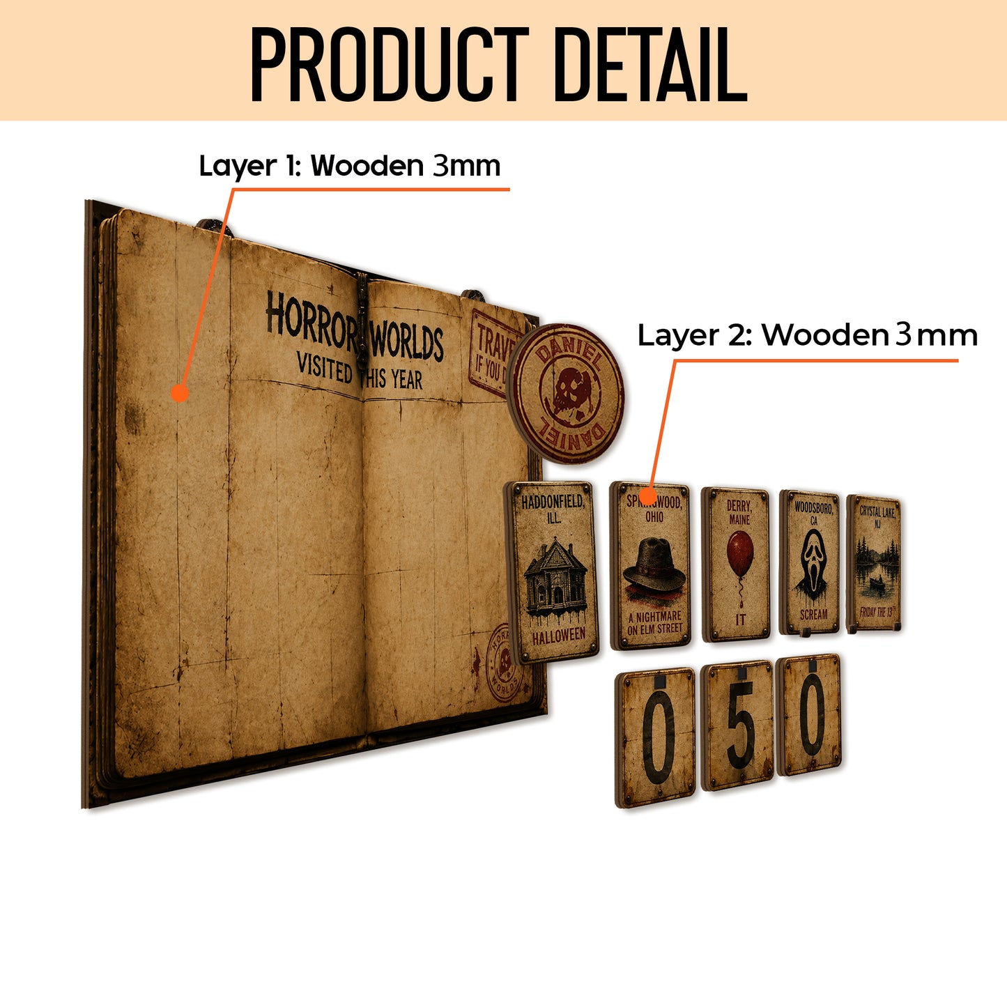 Personalized Horror Movie Tracker Sign, Horror Worlds Visited This Year, Spooky Wooden Countdown Decor, Gift for Horror Fans (Copy) (Copy)