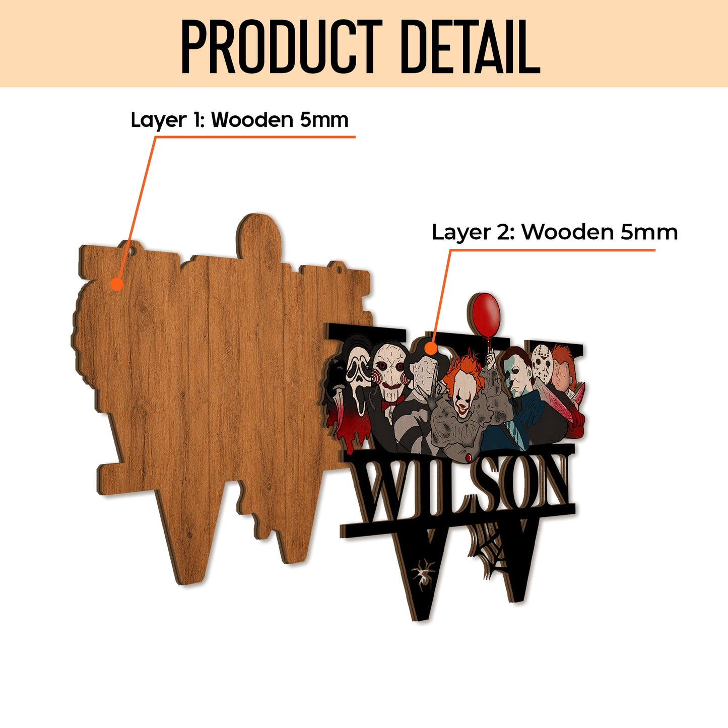 Personalized Family Name Wooden Sign, Character Horror Chibi Decor, Halloween Decor