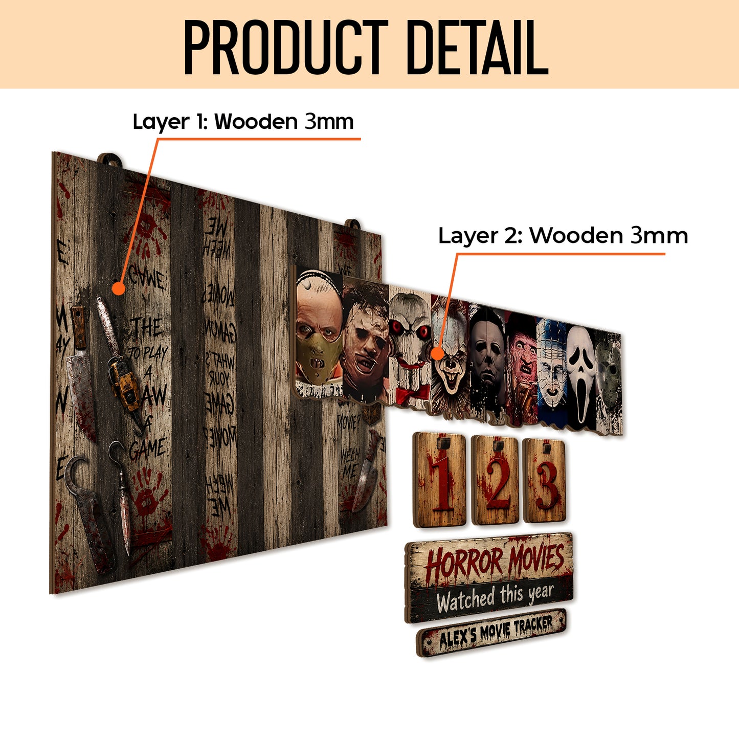 Personalized Horror Movie Tracker Sign, Horror Movies Watched This Year Board, Spooky Wooden Countdown Decor, Gift for Horror Fans