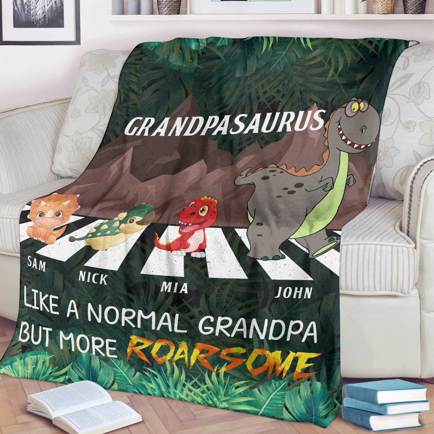 Personalized Walking Papasaurus Blanket, Custom Name Grandpasaurus Blanket- Perfect Father's Day Gift!