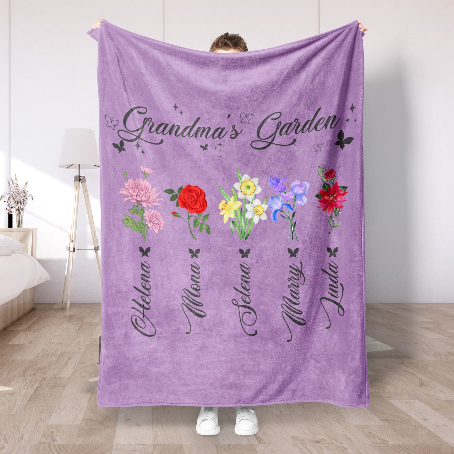 Custom Birth Month Flower Blanket, Nana's Garden Throw Blanket, Gift for Grandma, Mom With Kids Name