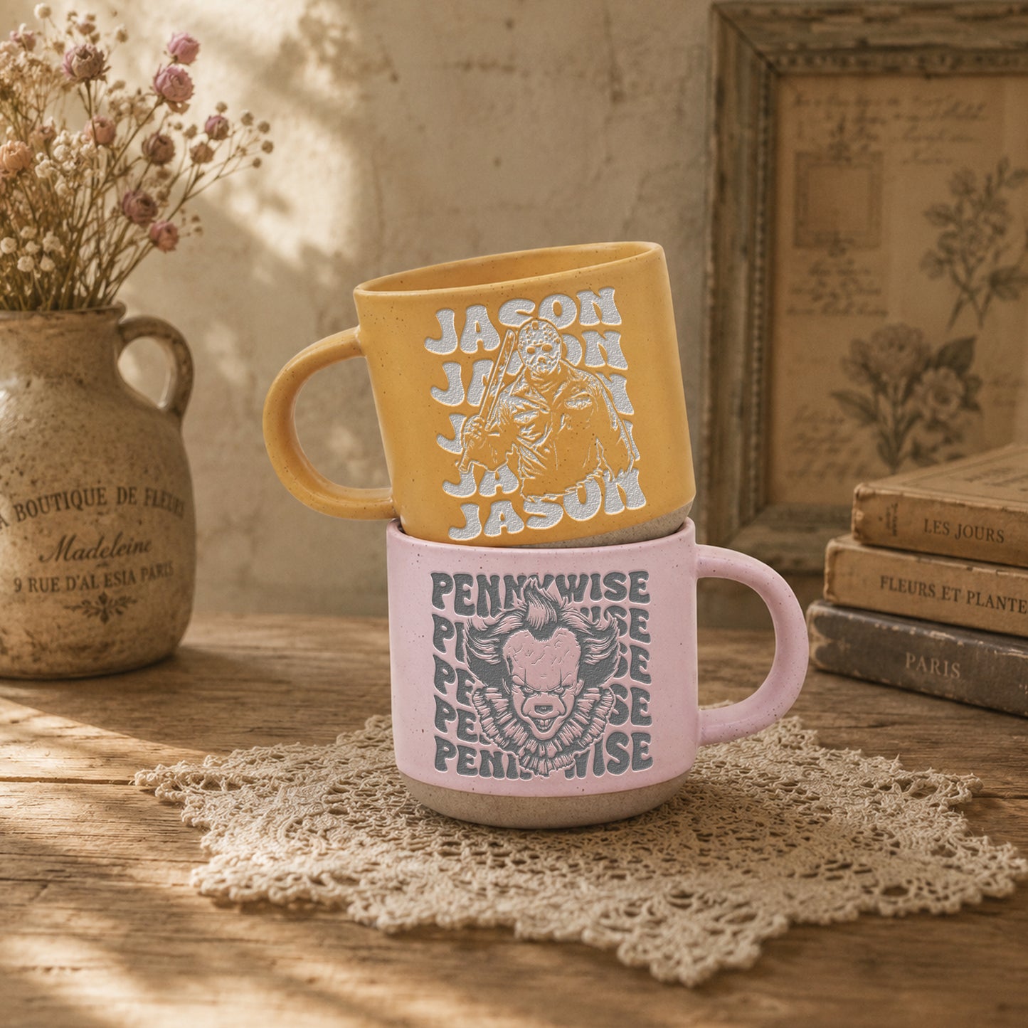 Engraved Horror Character Mug | Spooky Friends Coffee Mug | Gothic Gift for Horror Movies Fans