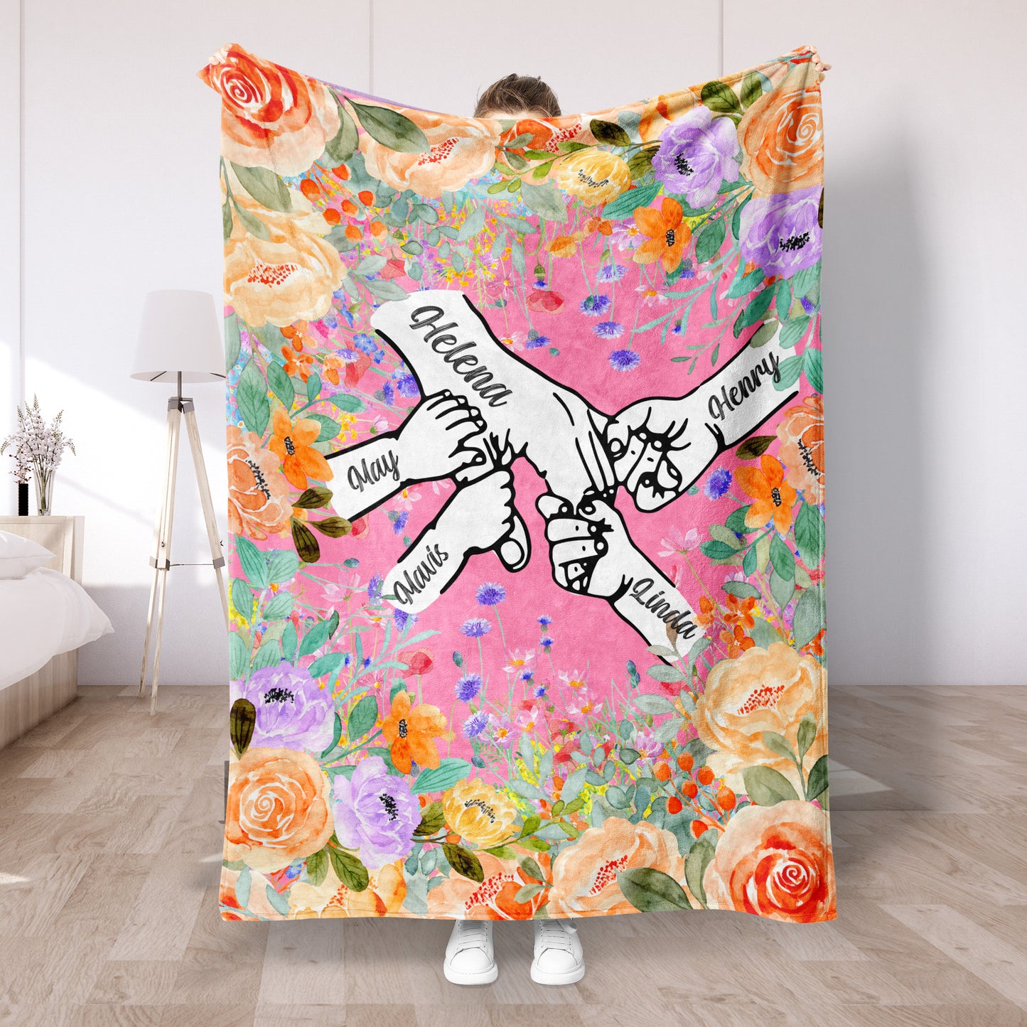 Custom Holding Mom's Hand Blanket, Personalized Moms Garden Flower Blanket with Kid Names, Mothers Day Gift, Grandma Gift,Anniversary Family