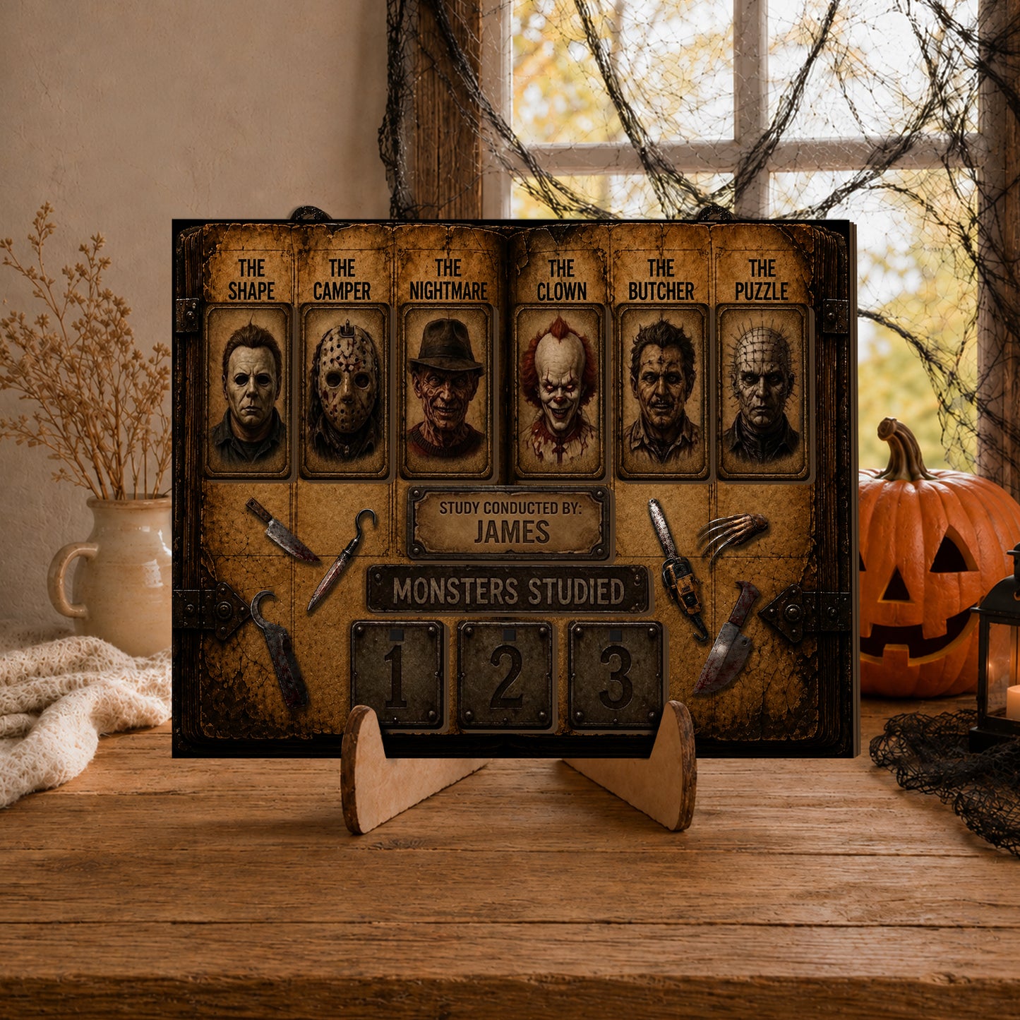 Personalized Horror Movie Tracker Sign, Horror Monster Studied, Spooky Wooden Countdown Decor, Gift for Horror Fans