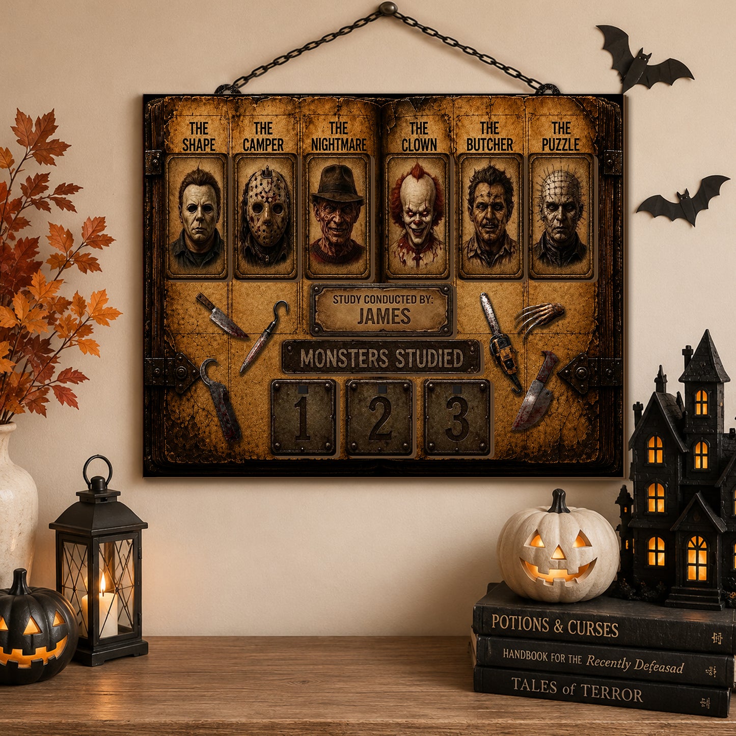 Personalized Horror Movie Tracker Sign, Horror Monster Studied, Spooky Wooden Countdown Decor, Gift for Horror Fans